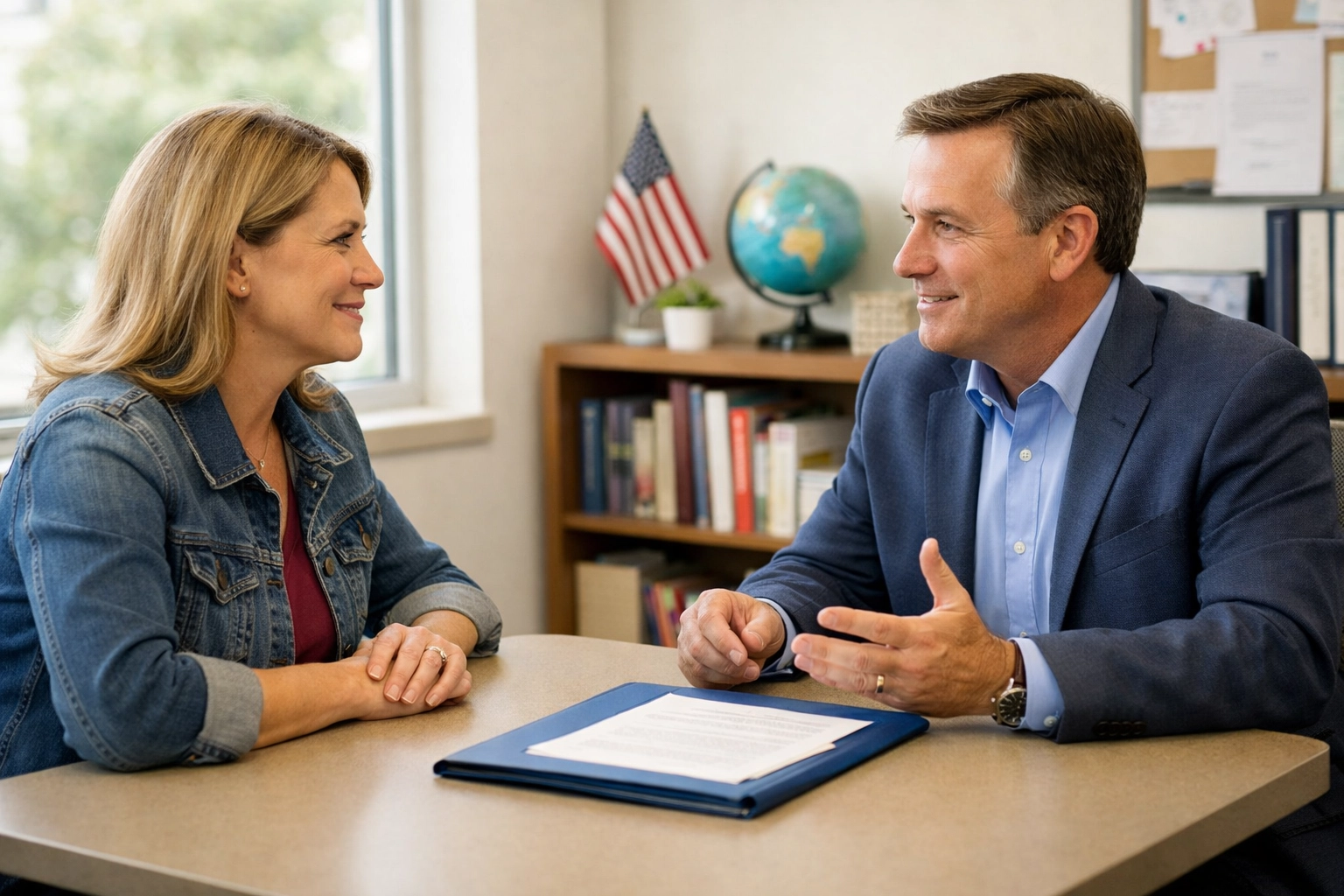 Parent meeting with school principal discussing student Pledge of Allegiance rights and school policies