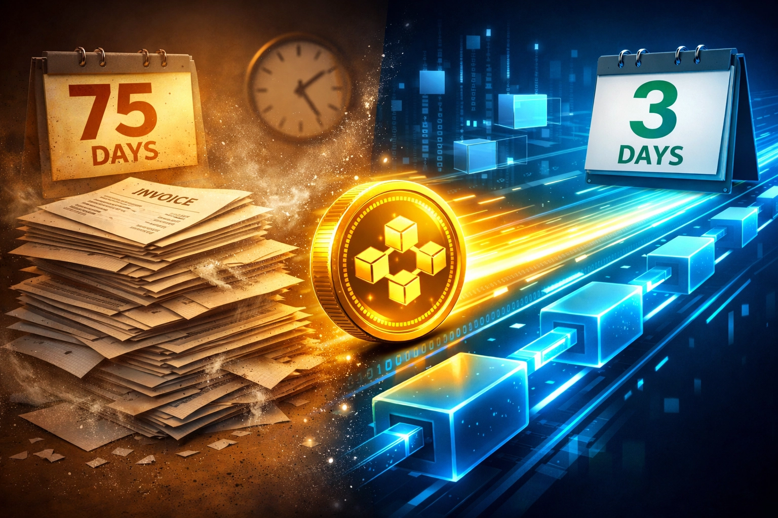 Traditional invoice processing versus tokenized receivables showing 75-day to 3-day payment timeline