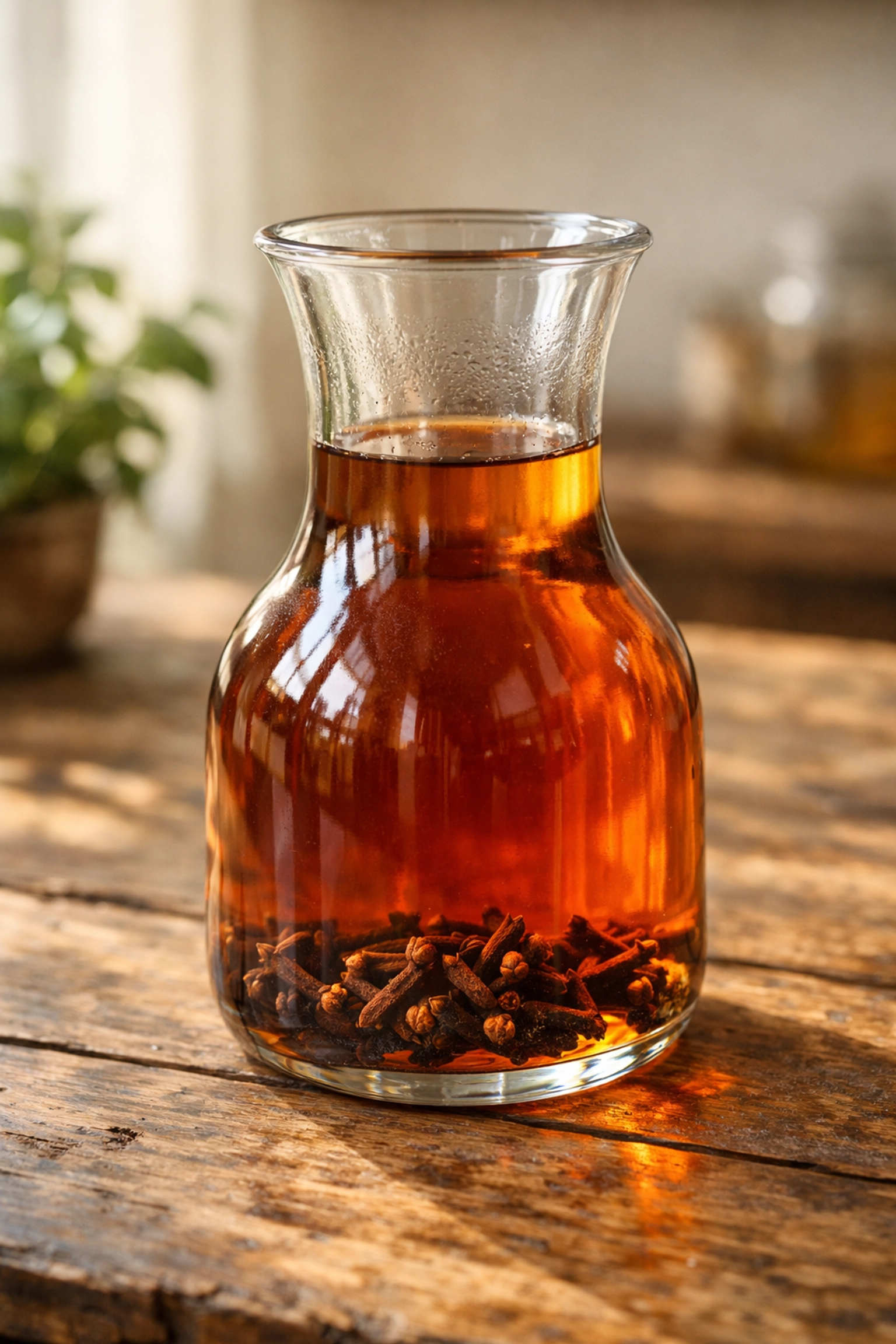 Traditional Mismar al-Kif clove infusion being prepared in a glass carafe for wellness recipes.