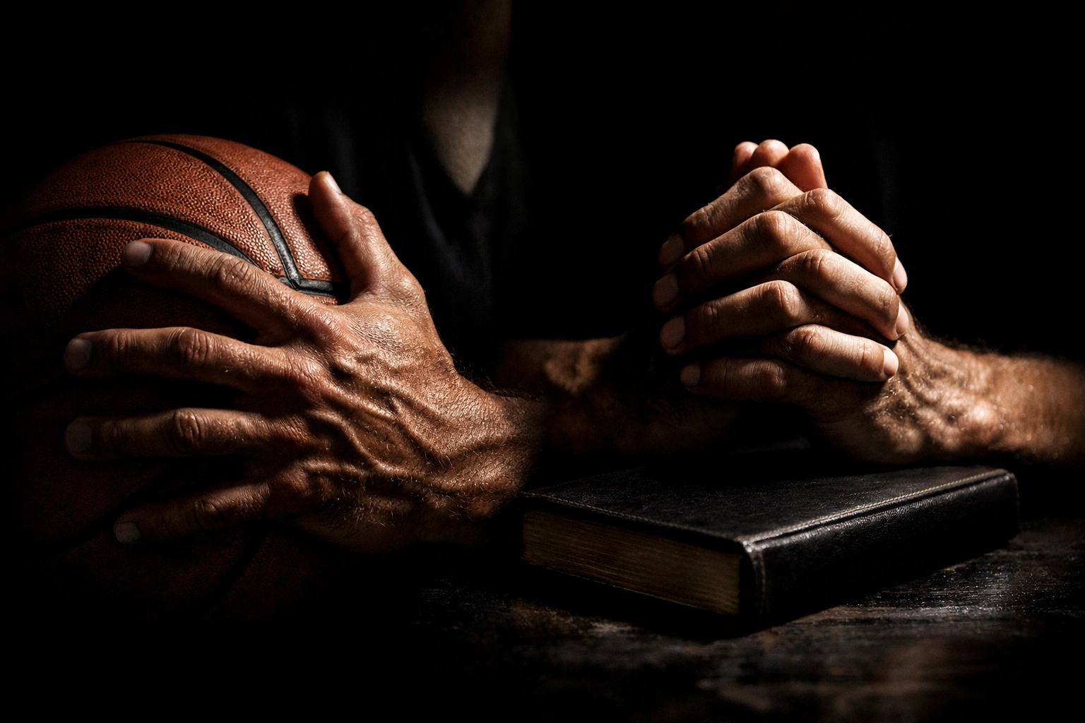 Close-up of an athlete’s hands holding a basketball and gesturing in prayer, showing faith and excellence.