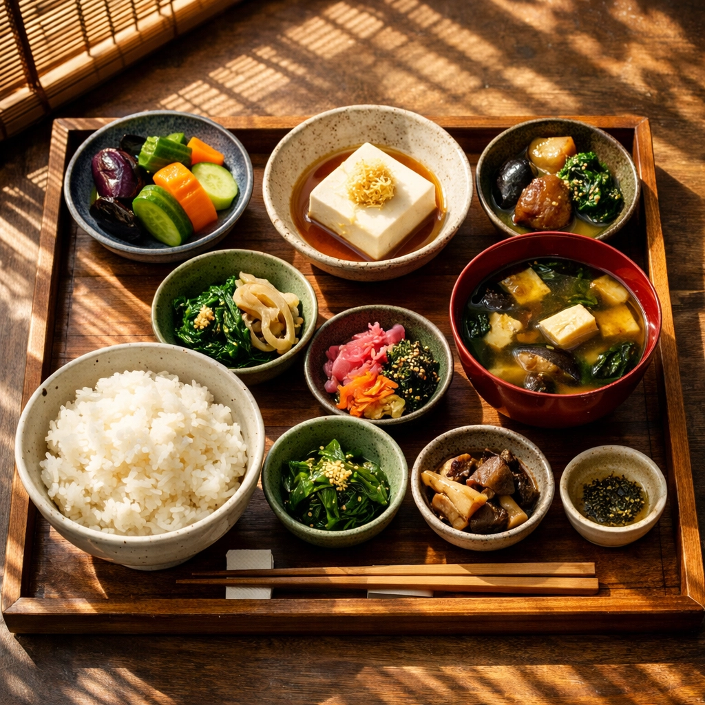 Traditional Shojin Ryori vegetarian meal in Tokyo, perfect for travelers on customizable food tours.