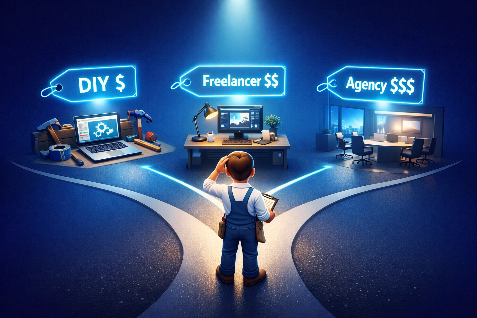 Small business owner comparing website design pricing options: DIY, freelancer, and agency costs