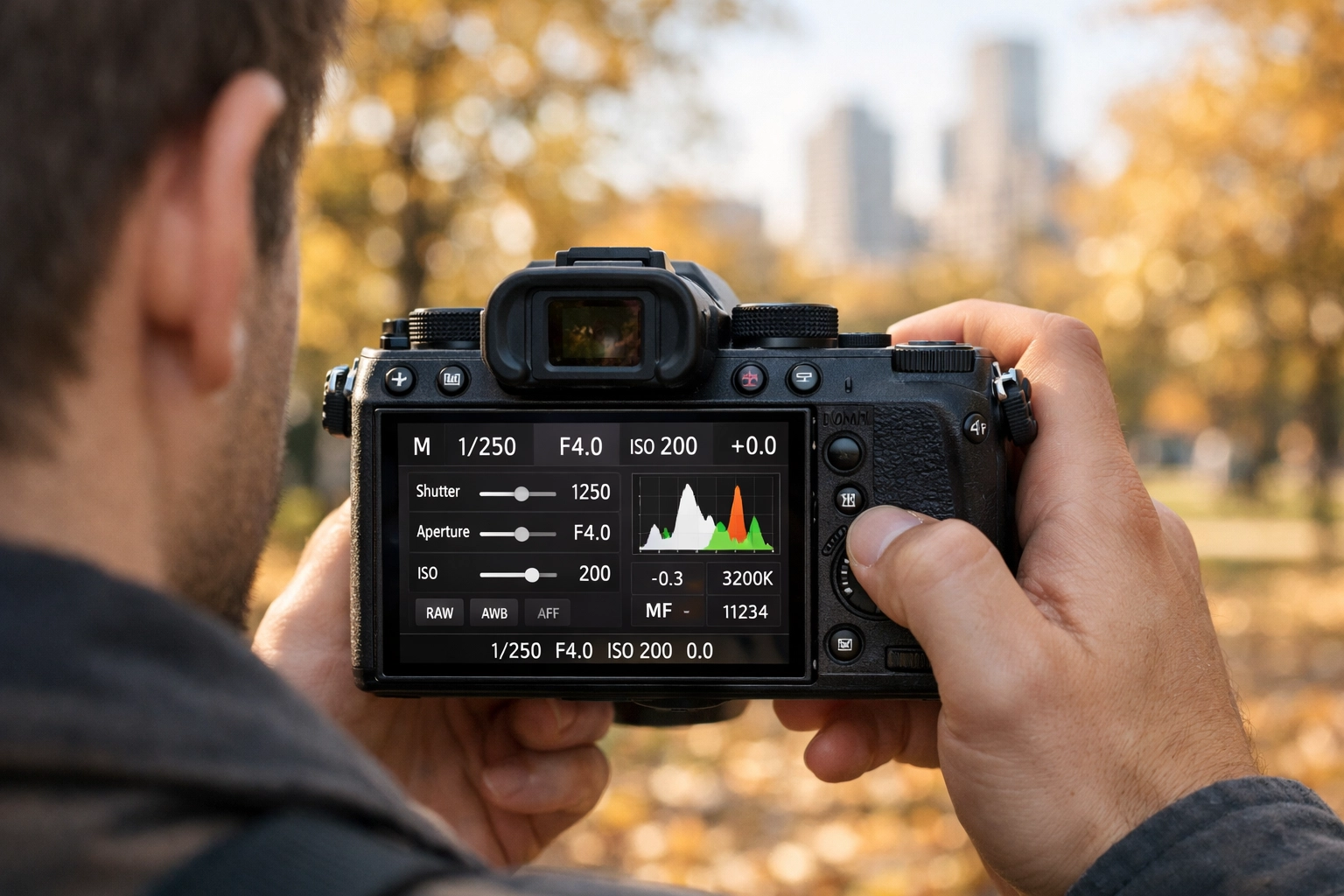 Photography for beginners showing a camera LCD with tips on how to use manual mode camera settings.