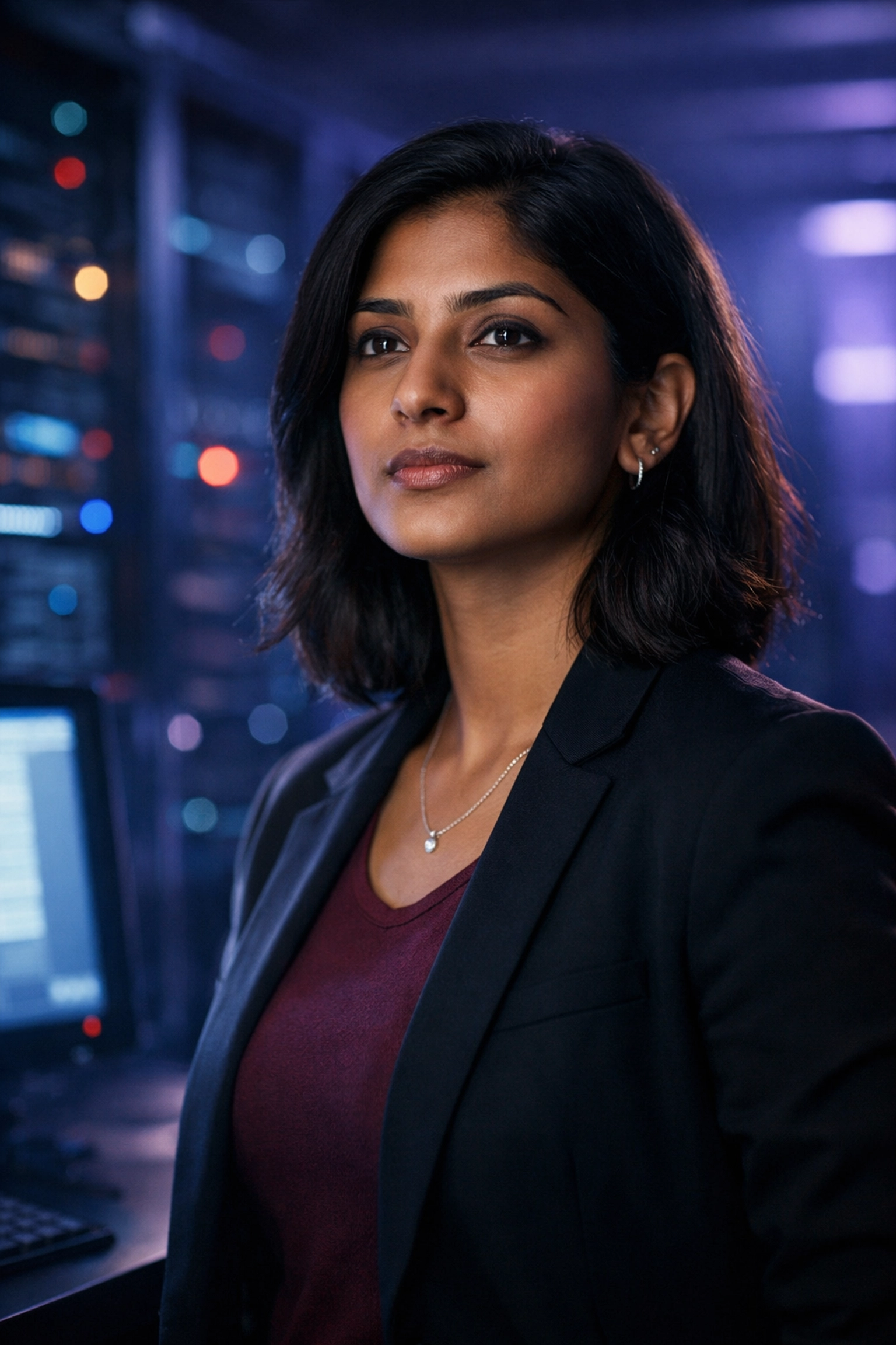 A South Asian lesbian software engineer in STEM working in a high-tech server room.