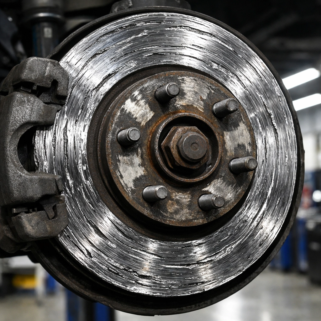 Close-up of a damaged and scored brake rotor caused by metal-on-metal friction.