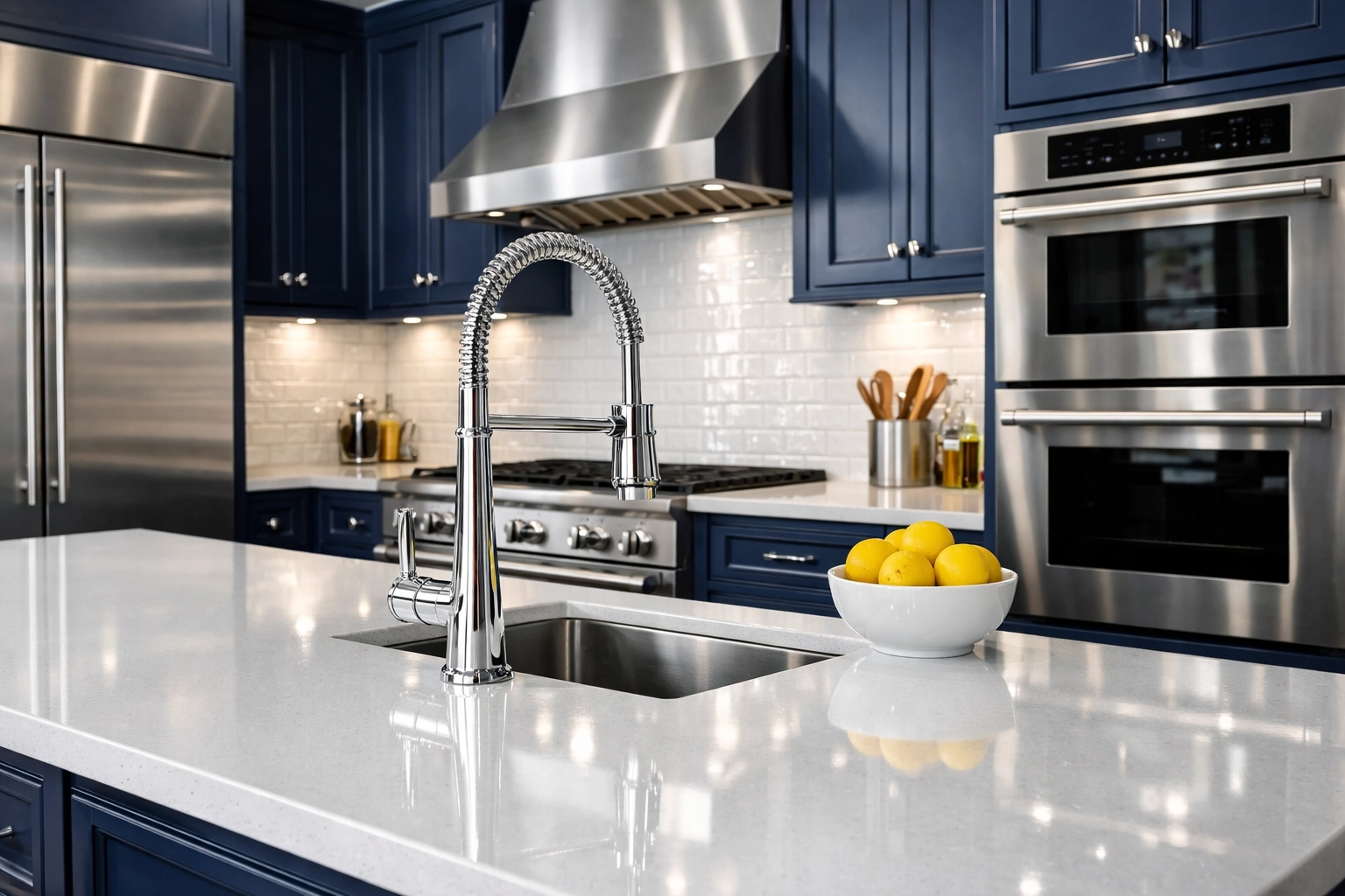 Spotless gourmet kitchen with quartz countertops following a professional house cleaning service in Lexington.