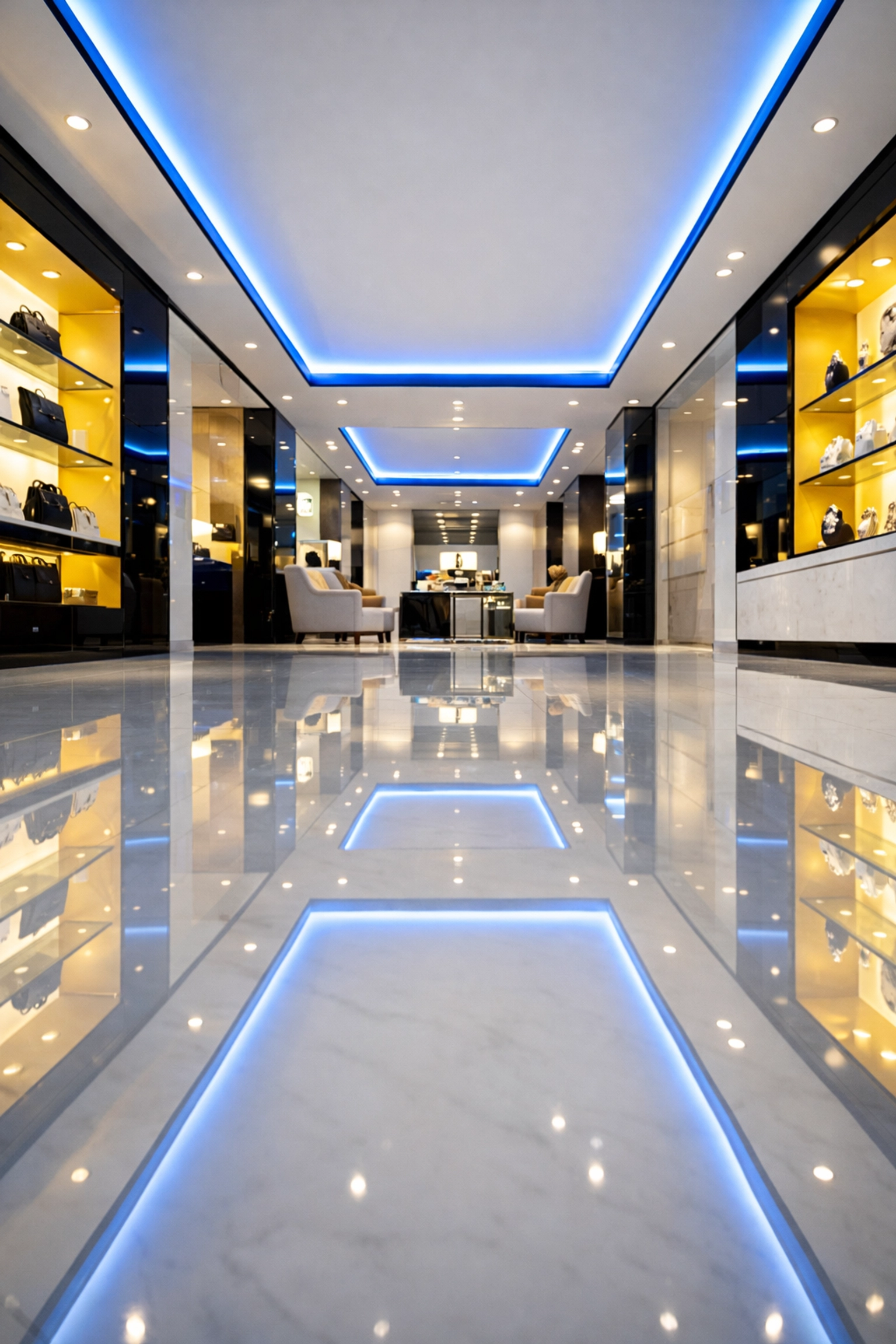 Spotless luxury retail space in Woburn with perfectly maintained polished marble floors.