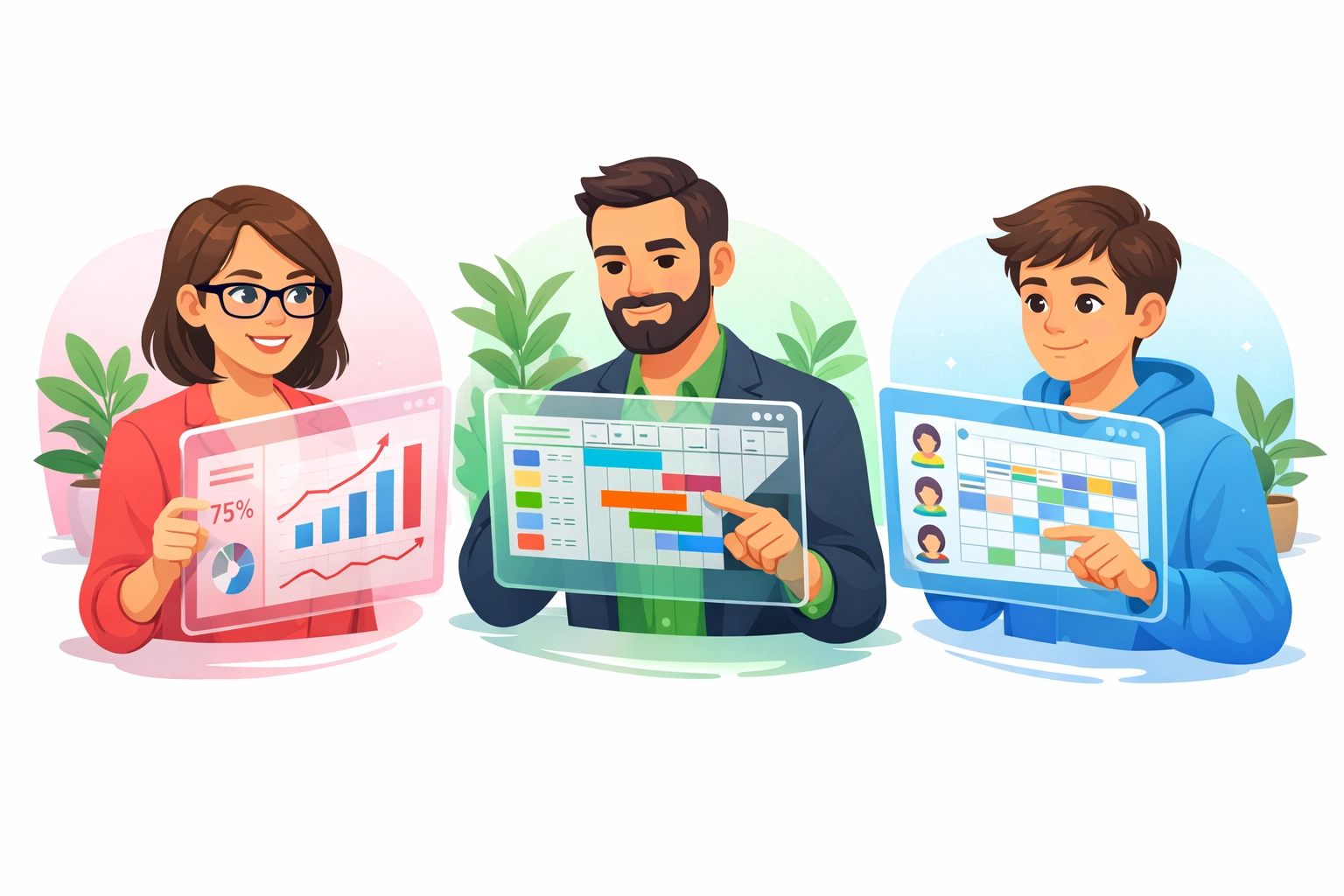 Team members accessing customized dashboard views for sales, projects, and HR functions