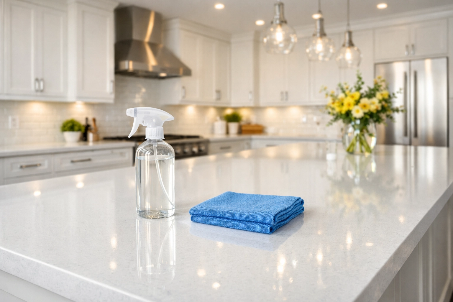 Clean Pepperell kitchen with a white quartz island and microfiber cloth for residue-free deep cleaning.