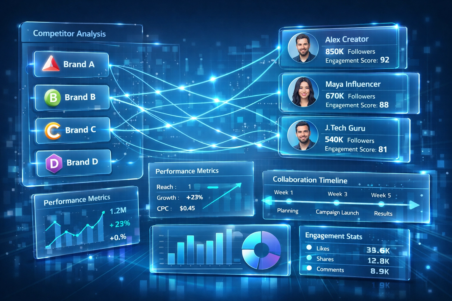 Collaboration intelligence dashboard tracking competitor influencer partnerships and metrics