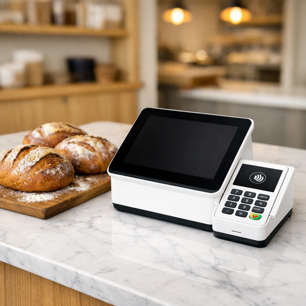 Modern white POS terminal and card reader on a bakery counter next to fresh sourdough bread loaves.