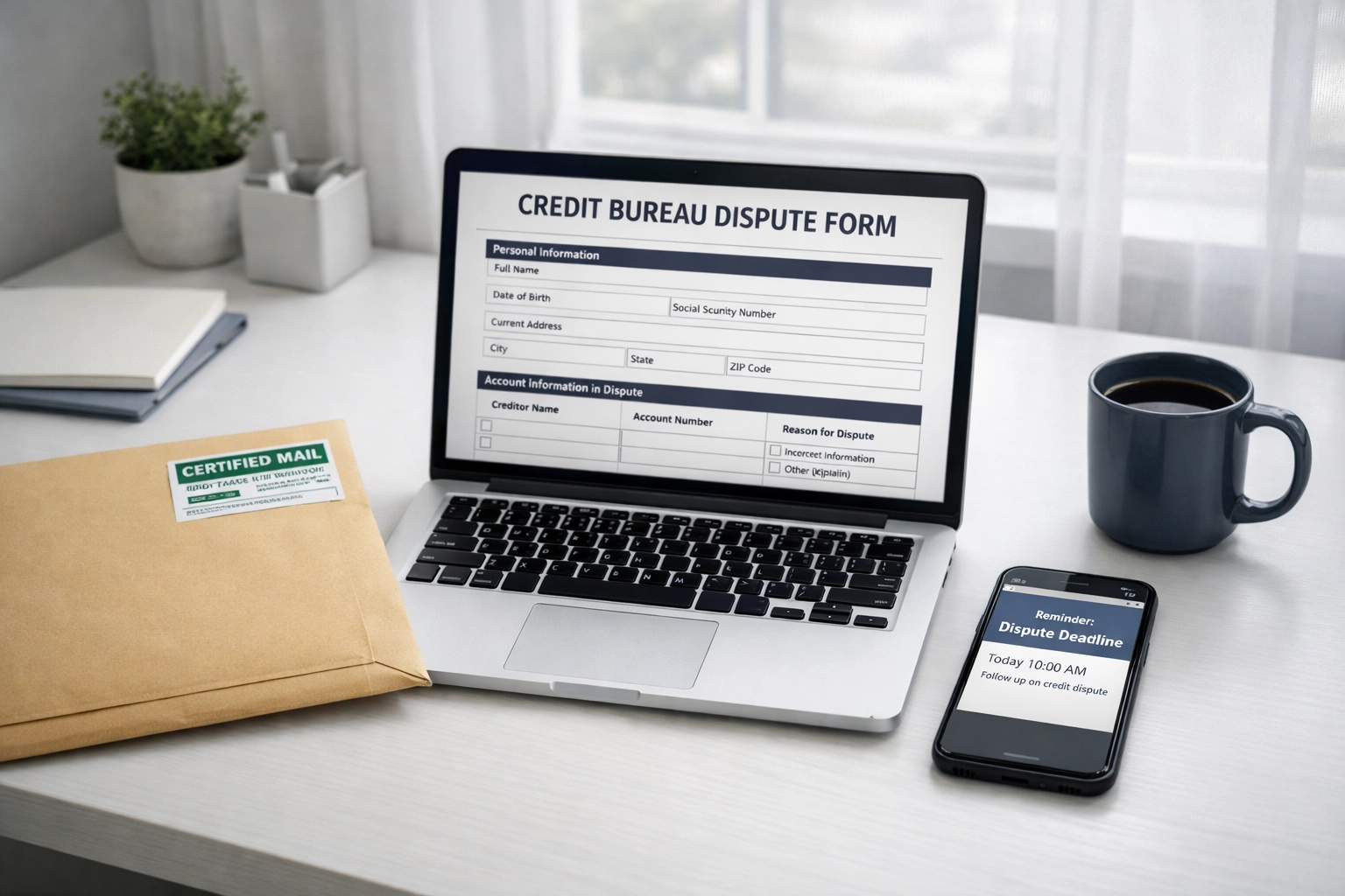 Laptop showing credit bureau dispute form with certified mail envelope ready to send