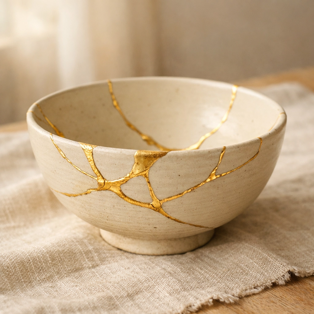 A Kintsugi ceramic bowl mended with gold representing the beauty of transformation and healing emotional wounds.