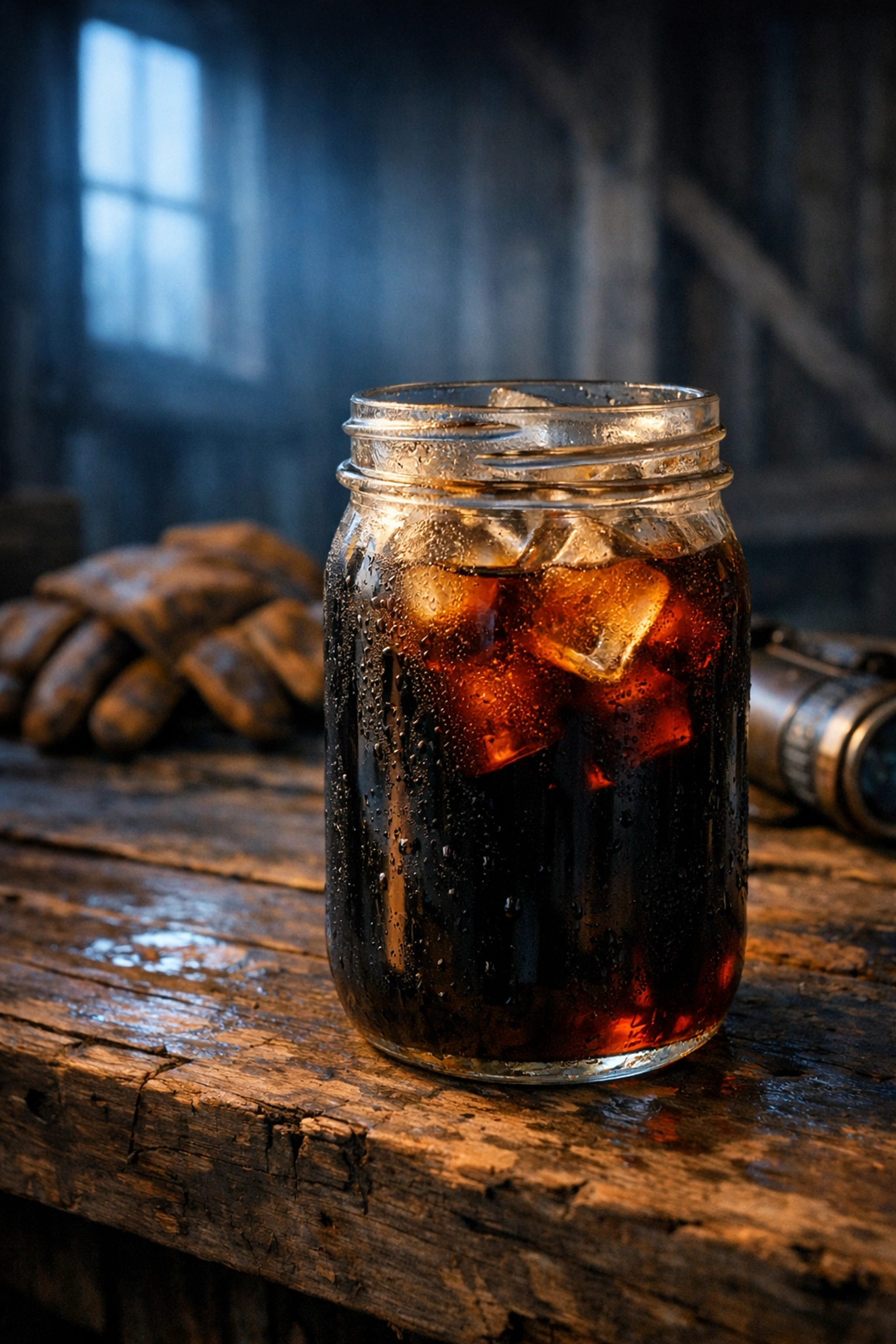 Mason jar of strong black cold brew coffee on a wooden workbench with rancher work gloves.