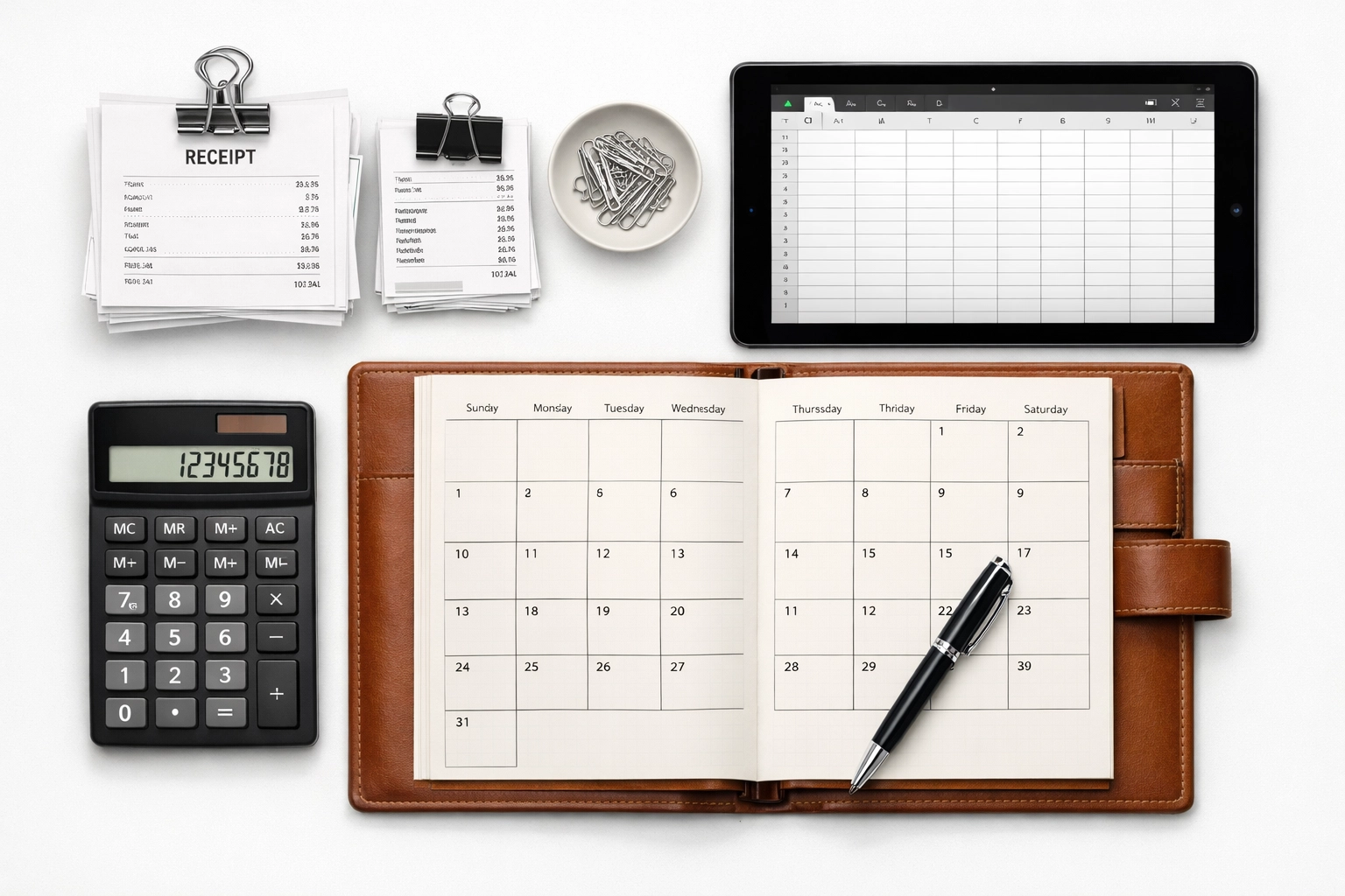 Organized tax record-keeping workspace with receipts, calculator, and planner for gig workers