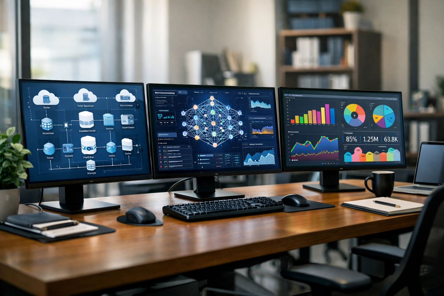 Cloud computing, AI, and data analytics workstations displaying technical skills