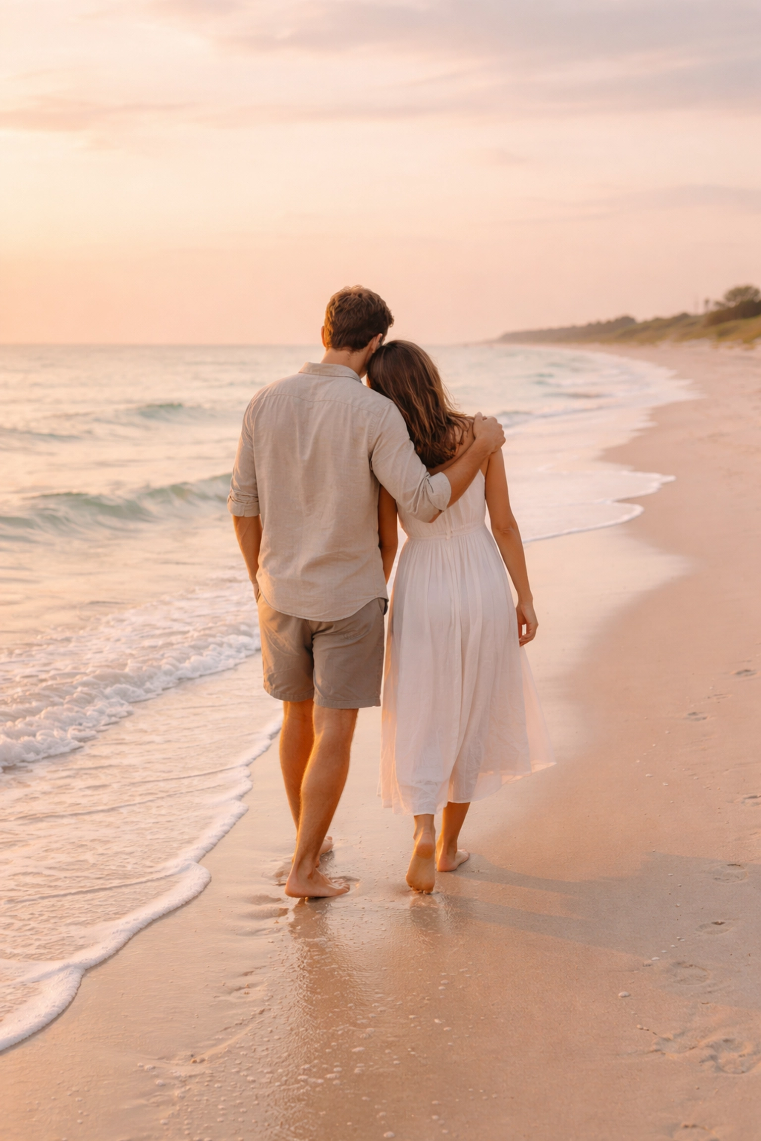 Couple walking together on a tranquil beach at sunset, representing healing and relationship growth.