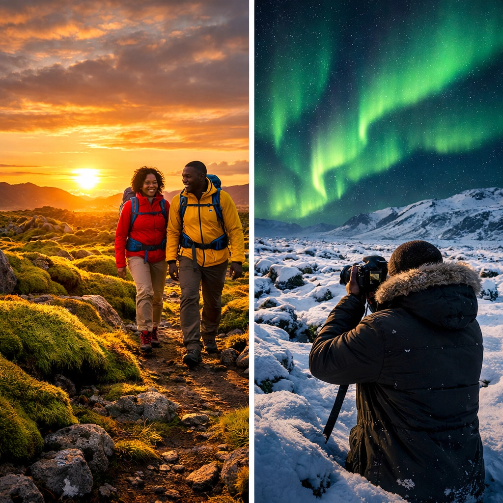 Iceland summer vs winter comparison showing green landscapes and midnight sun versus snow and Northern Lights