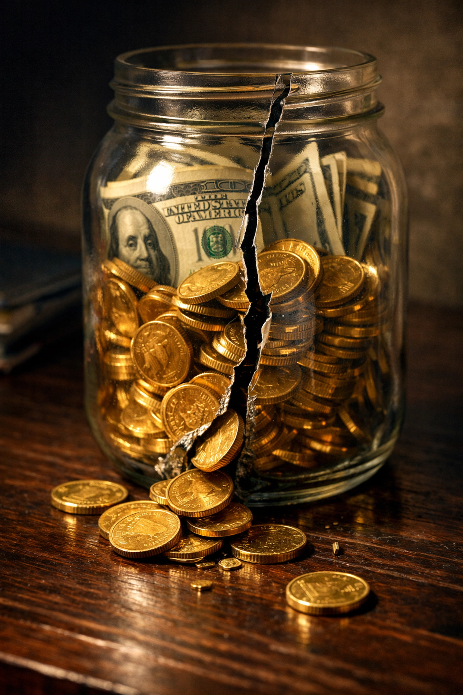 Hidden 401(k) fees draining retirement savings like coins leaking from cracked jar