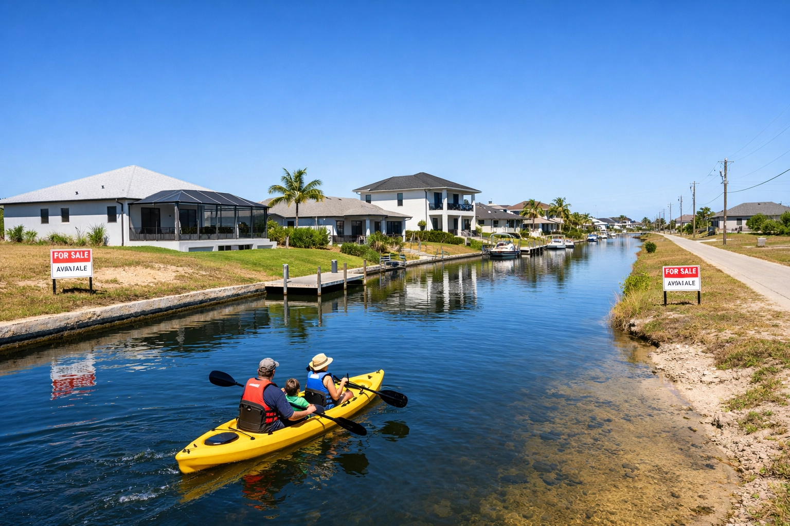Northeast Cape Coral freshwater canal with new construction homes and kayaking