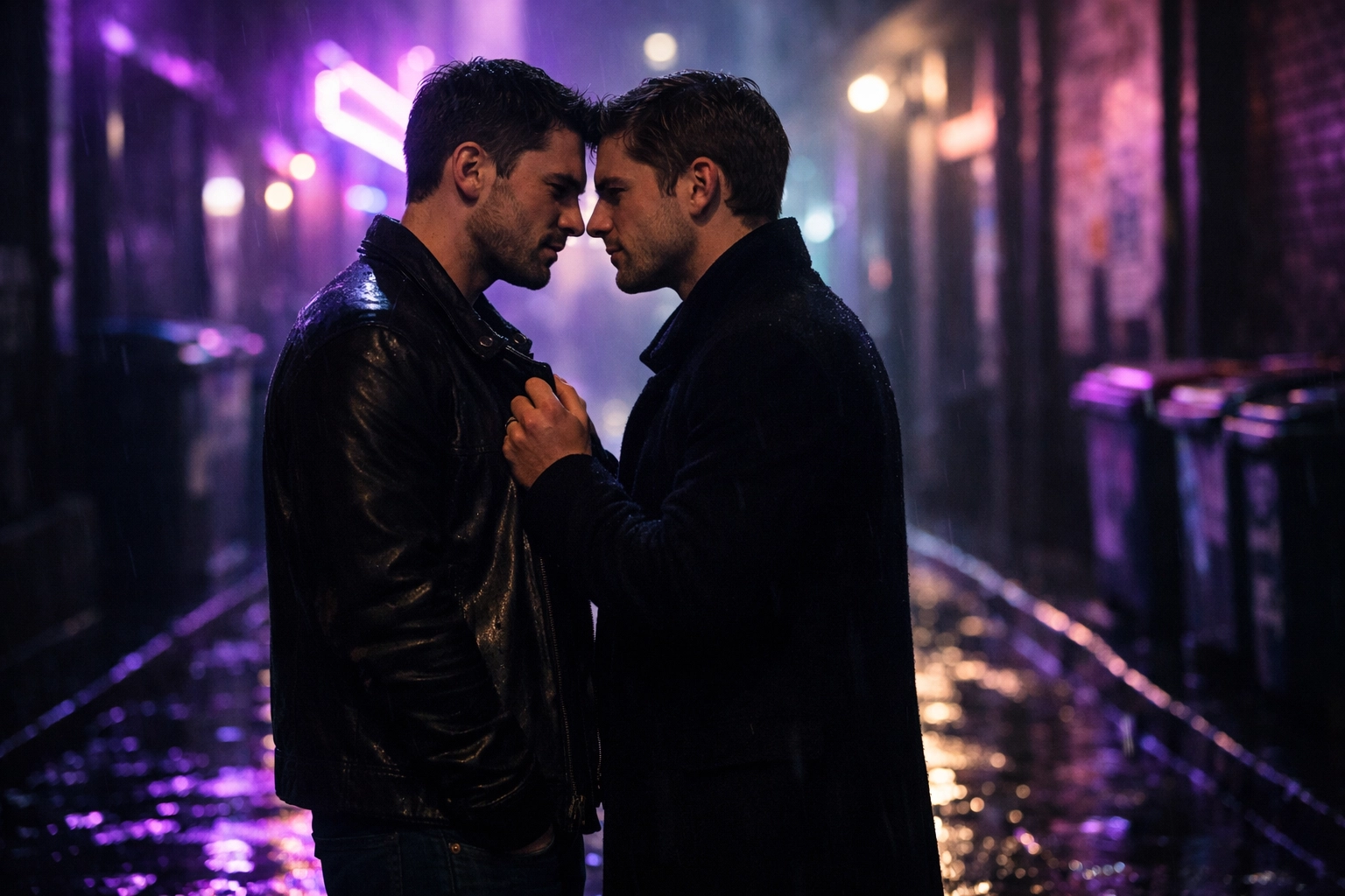 Enemies to lovers MM romance scene of two men in a neon-lit Melbourne laneway at night.