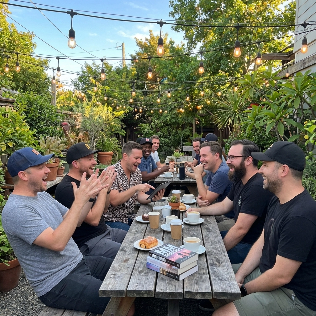 A group of queer men discussing gay romance novels at an inclusive community garden gathering.
