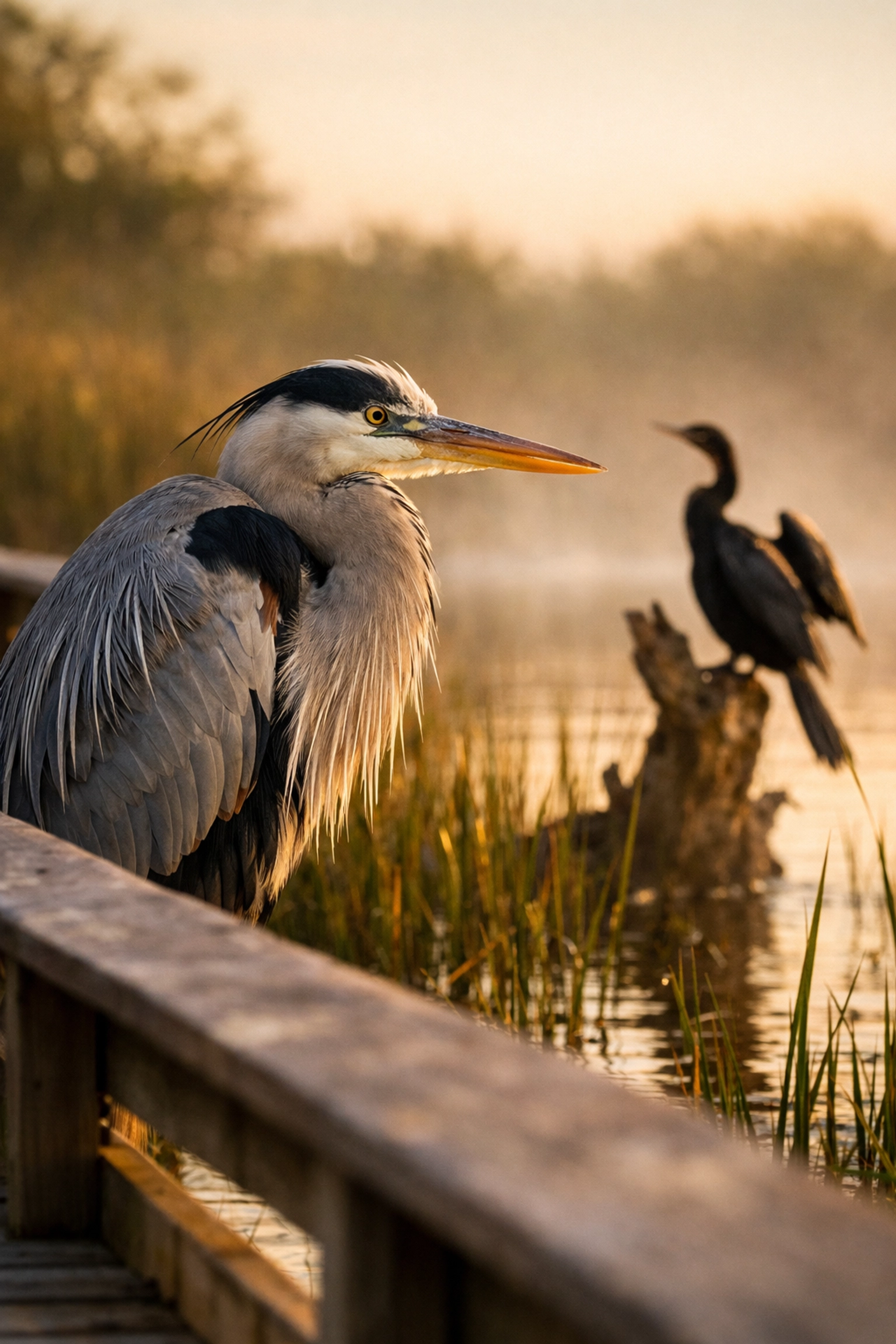 Great Blue Heron and Anhinga perched near a boardwalk at Everglades National Park.