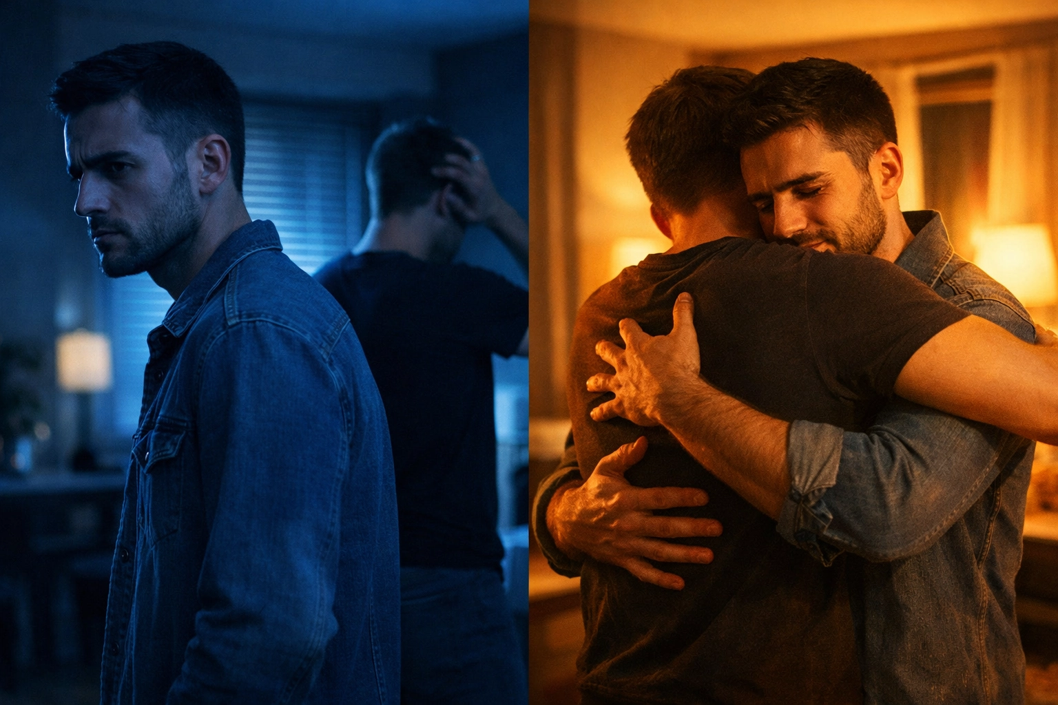 Gay couple moving from tension to embrace showing contrast between stress and intimate connection