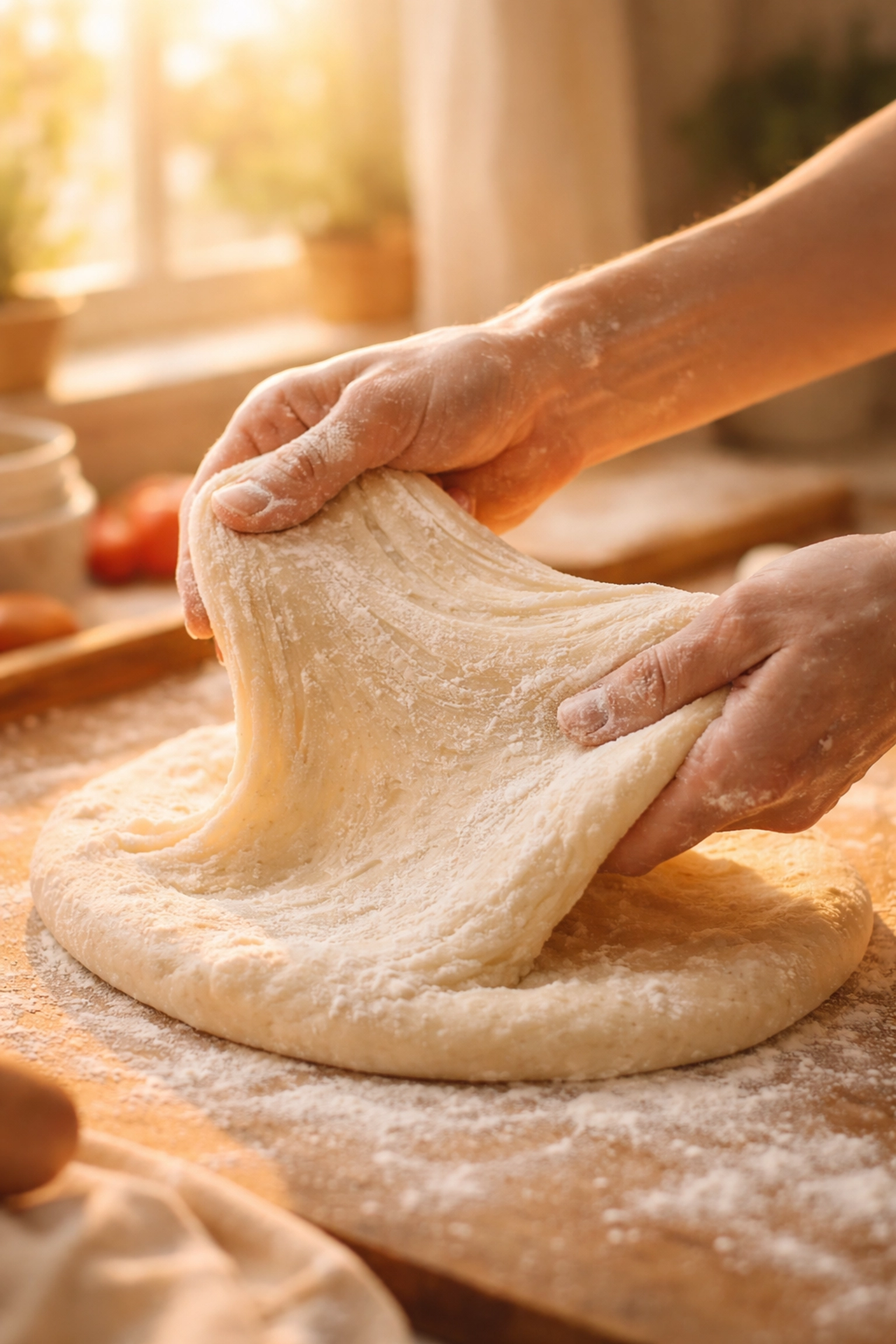 Hands stretching pizza dough in a cozy kitchen, showing the craft behind Felixstowe's best pizza takeaway.
