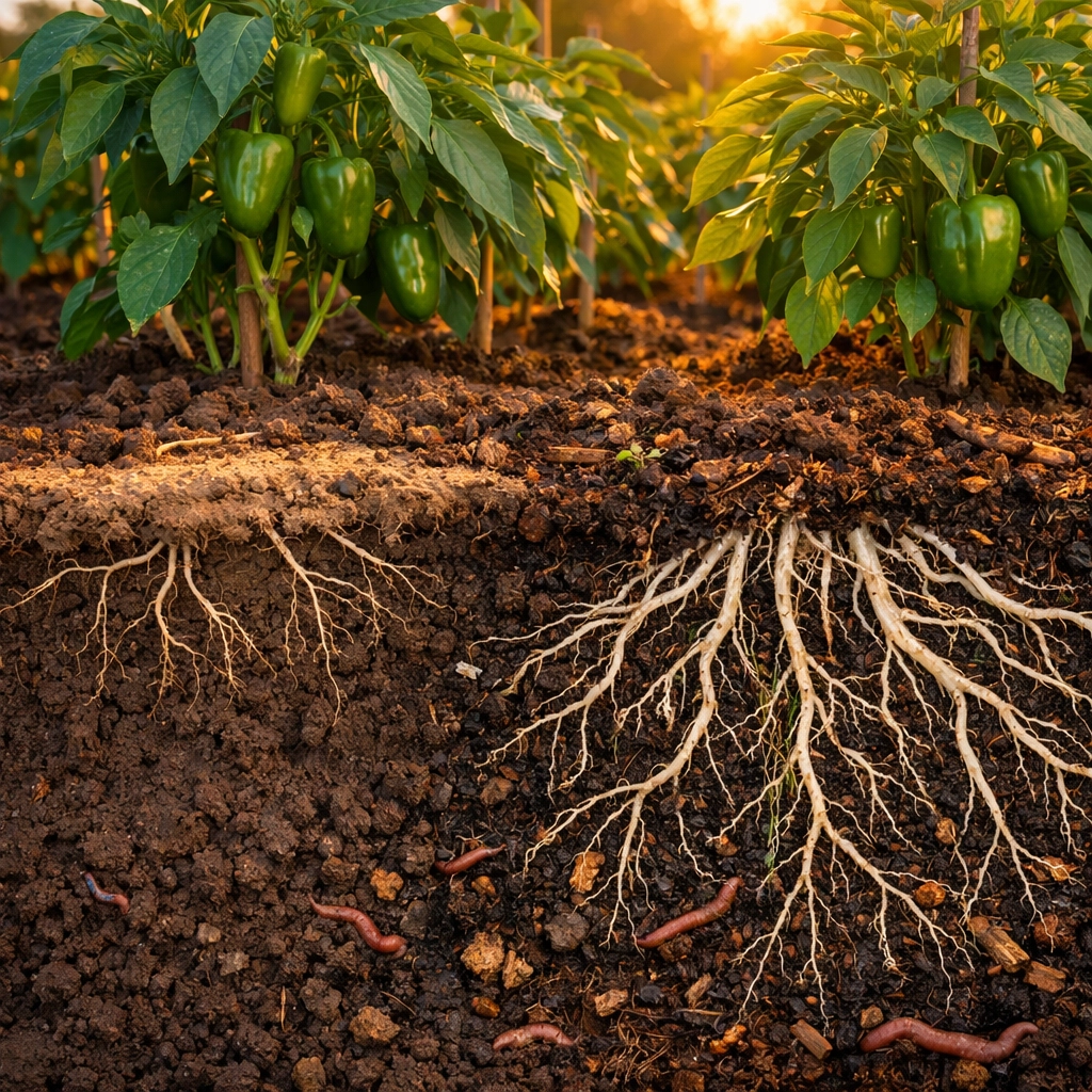 Deep root systems in compost-enriched soil showing healthy pepper plant growth and nutrient absorption