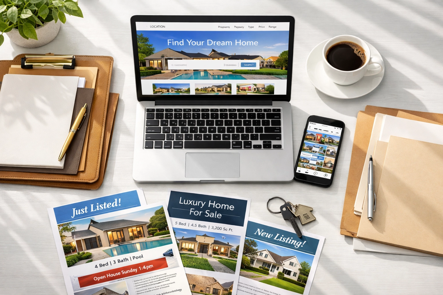 Organized realtor desk with property website, social media posts, and print flyers from real estate media kit