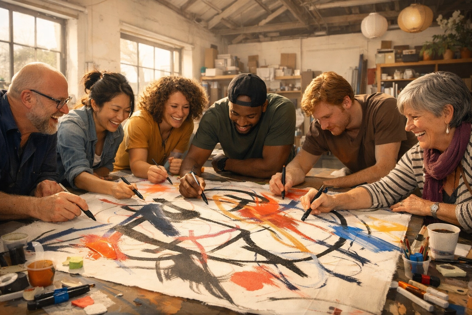 A diverse team collaborating on a large abstract canvas during a shared creative workshop in an airy studio.