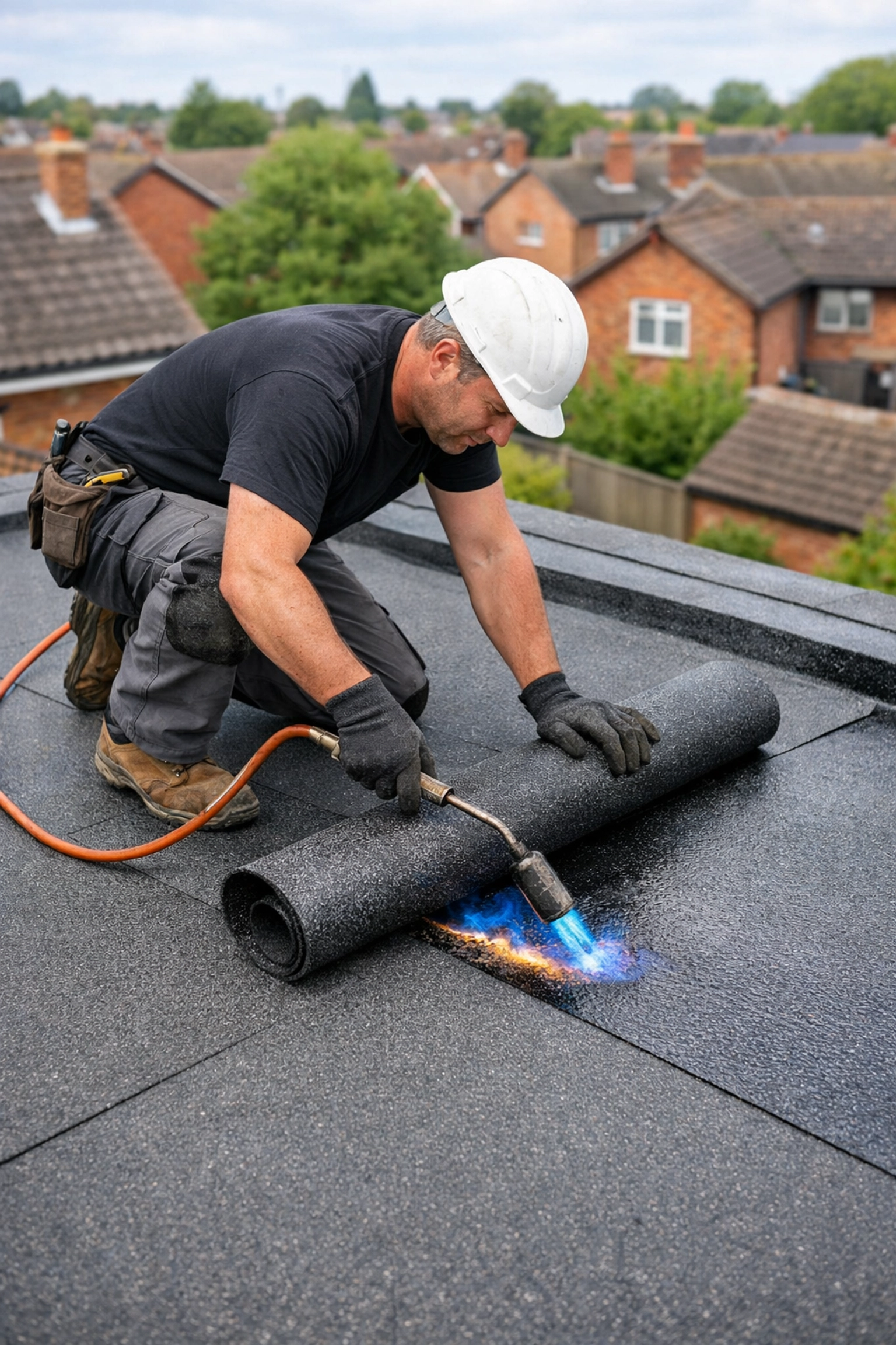 Professional roofer in Maidenhead installing a torch-on 3 layer felt roof with high precision.