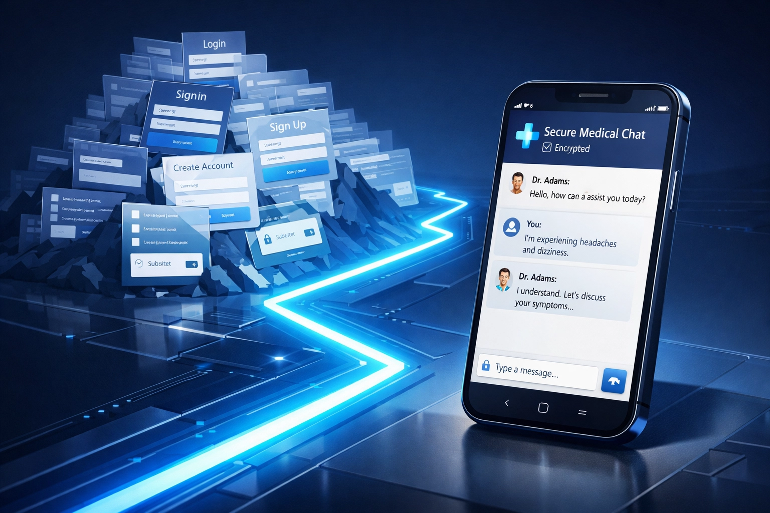 Bypassing registration screens to chat with a doctor 24/7 via secure medical messaging on a smartphone.