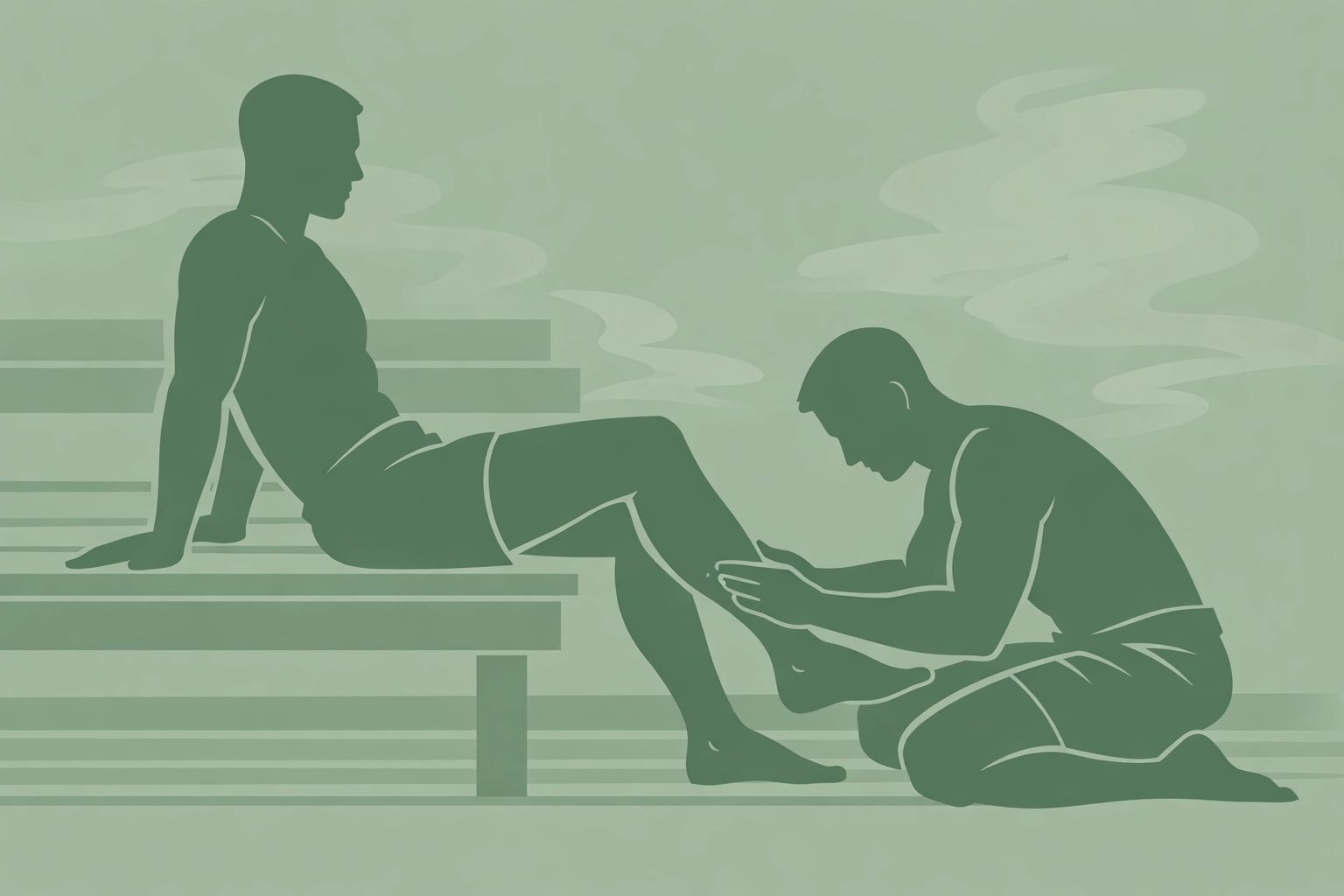 Man giving professional leg massage to another man seated on sauna bench