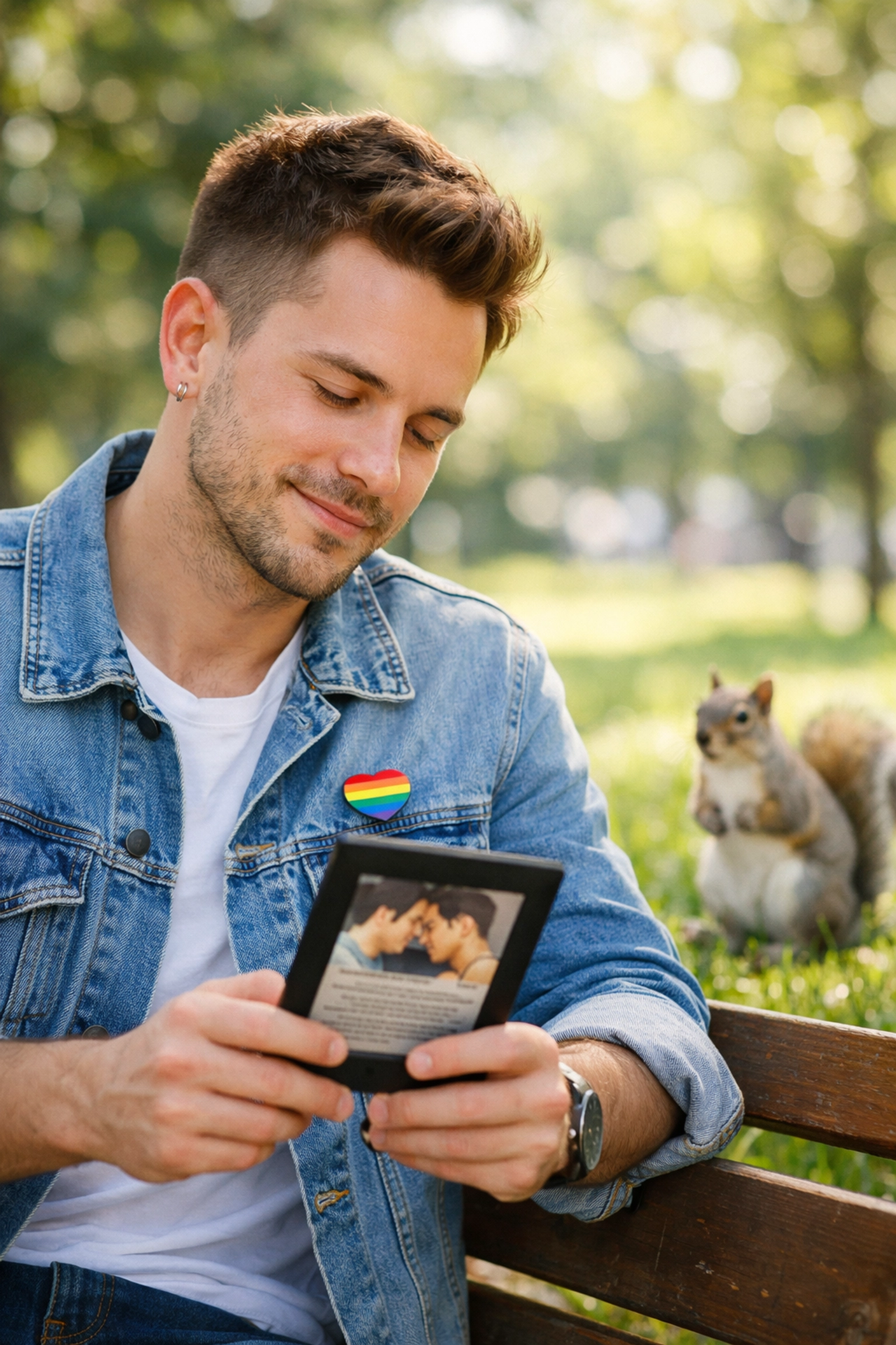 A man reading an MM romance novel on an e-reader in a park, enjoying the best LGBTQ+ books of 2026.