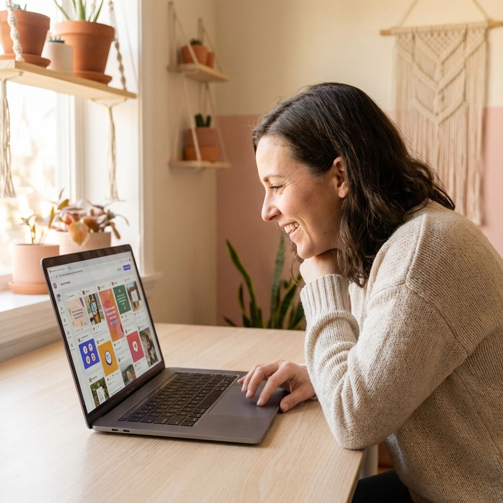 Small business owner engaged at a bright desk, studying social media feeds for candid customer insight, representing authentic feedback discovery.
