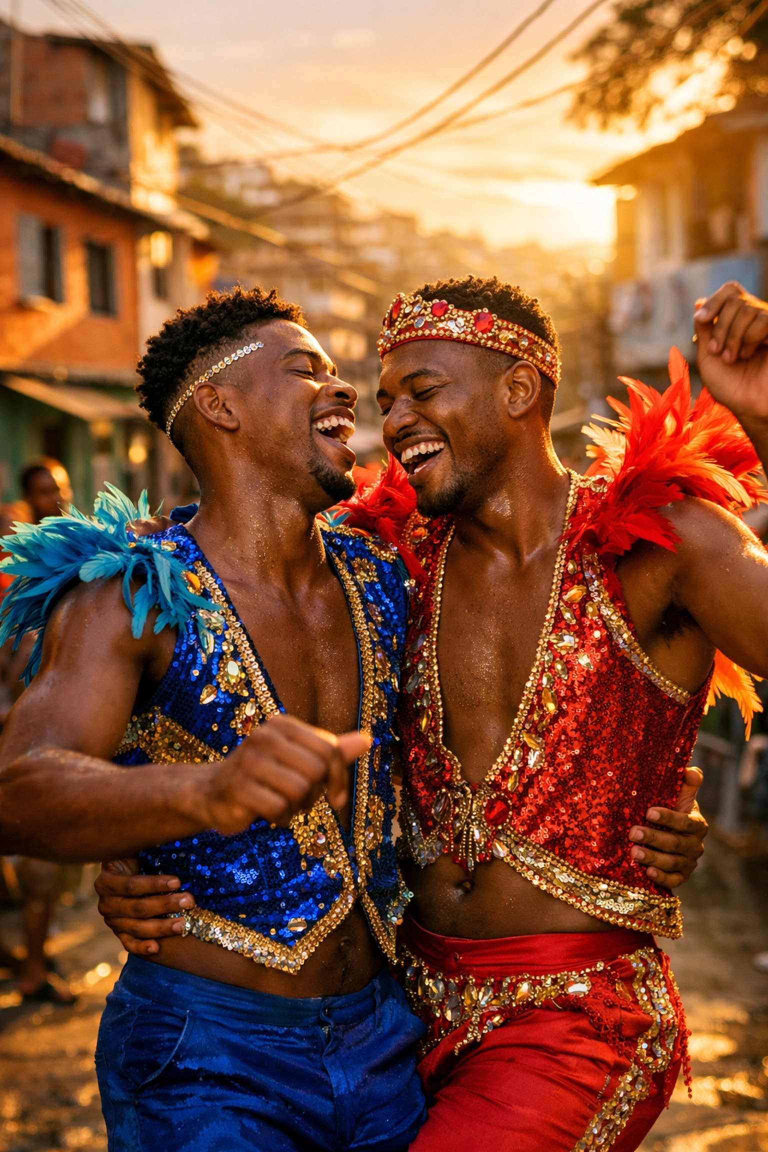 Black gay men dancing samba in Rio favela during Carnival celebration