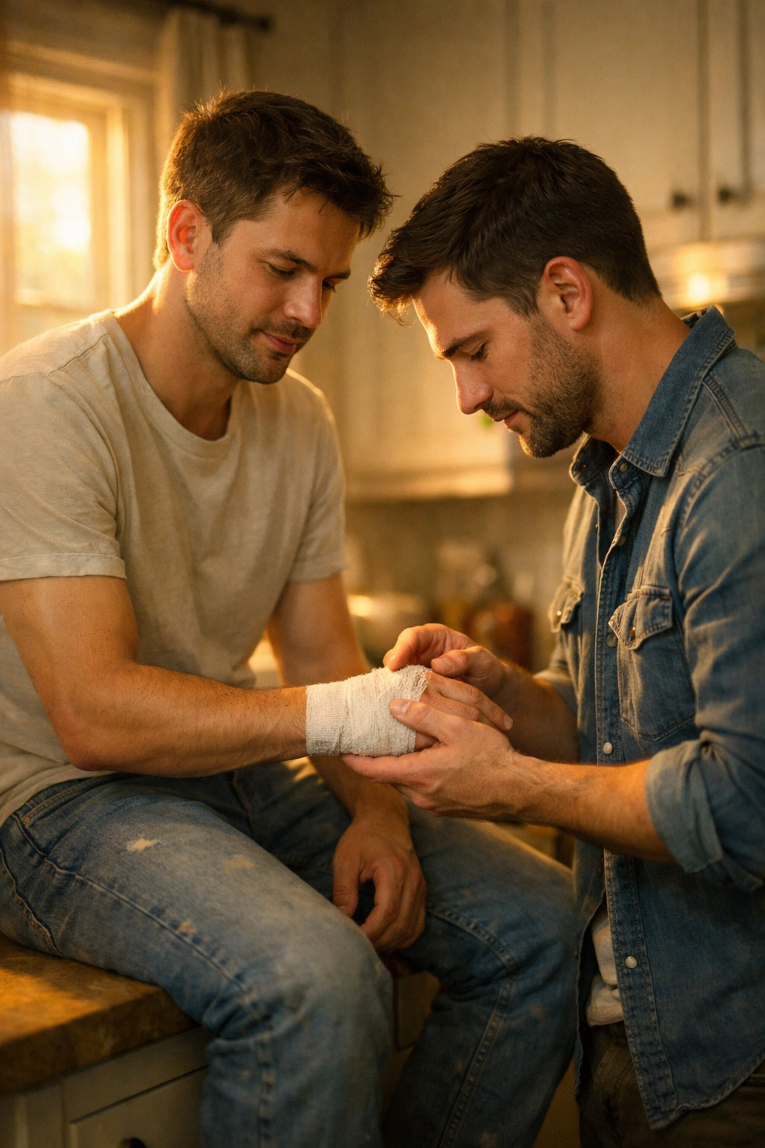 Two men in MM romance moment as one tenderly cares for the other's bandaged hand in kitchen