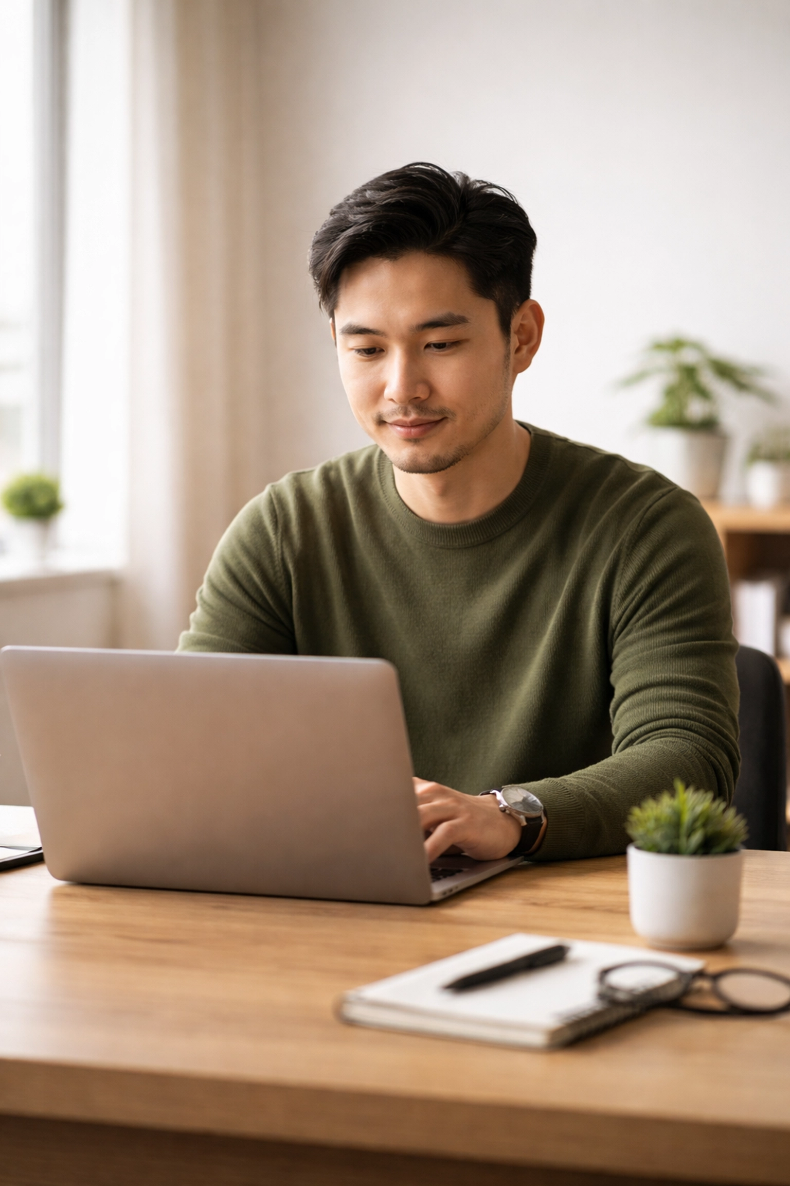 Asian man focused on his laptop in a tidy workspace, illustrating afternoon productivity and clarity