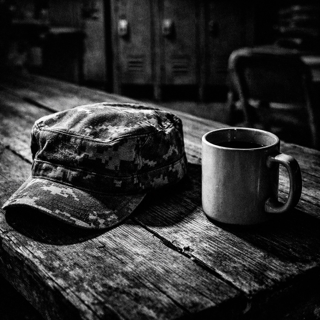 Worn military patrol cap and coffee mug in dimly lit barracks break room