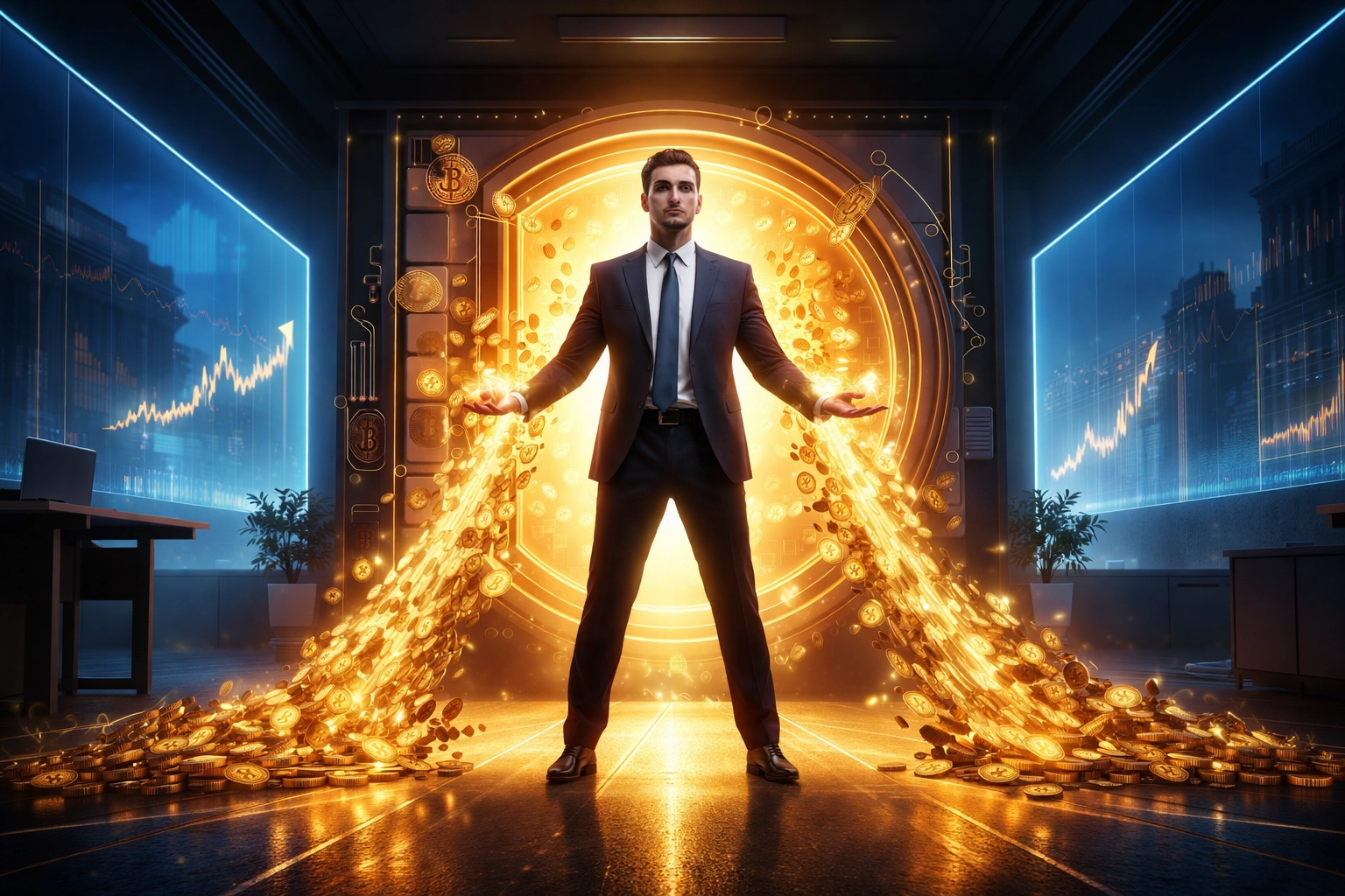 Small business owner confidently controls digital cryptocurrency payments in a modern office, representing financial sovereignty and self-custody merchant accounts.