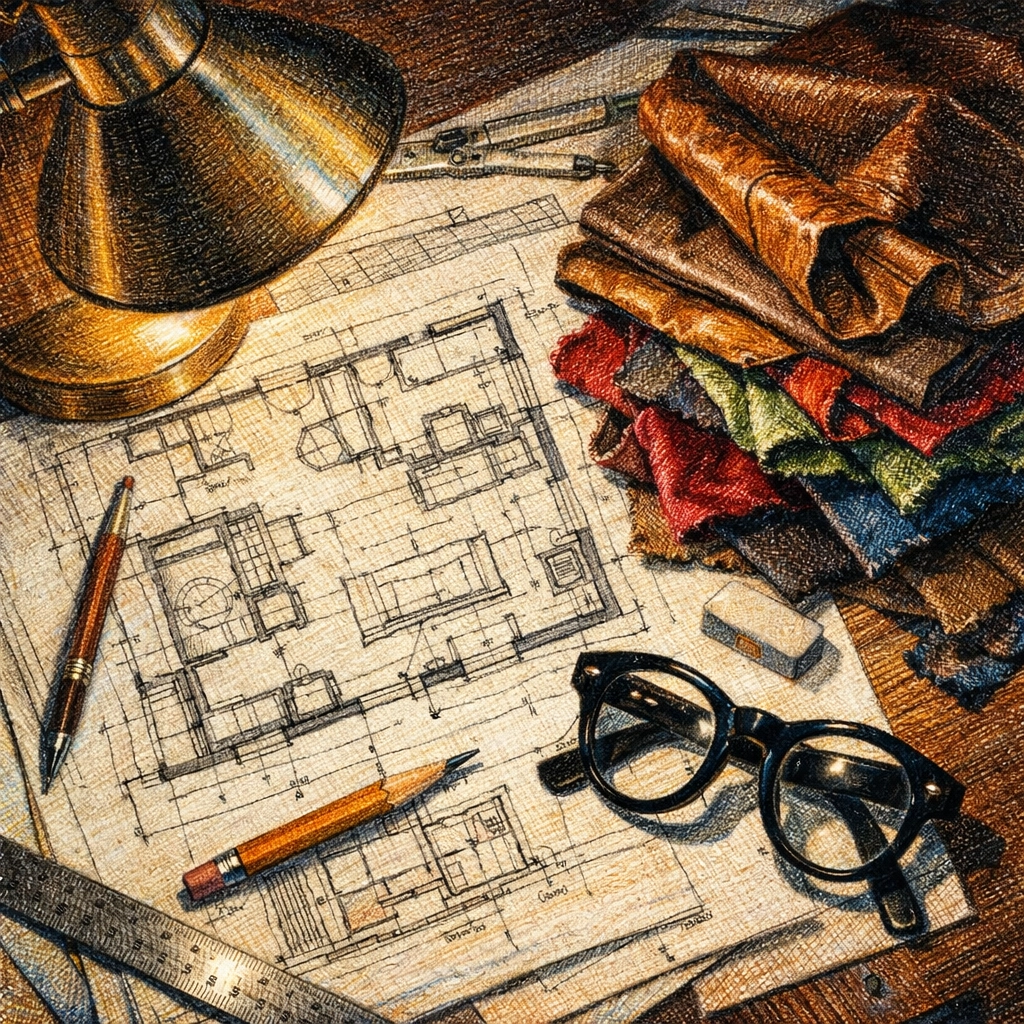 Interior designer's drafting table with luxury boutique hotel sketches and fabric swatches.