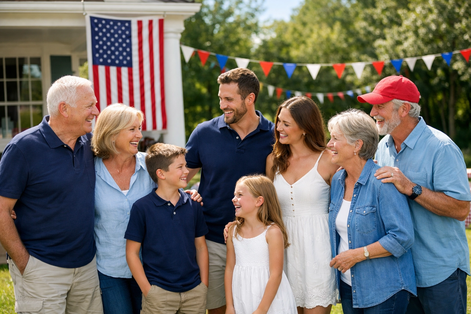 A multi-generational family gathering in a backyard with an American flag to celebrate civic values.