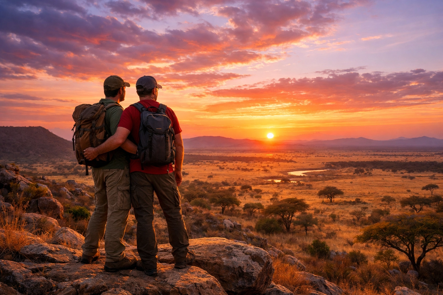 A gay couple embracing on a savannah outcrop at sunset, representing the authentic connection found in MM romance.