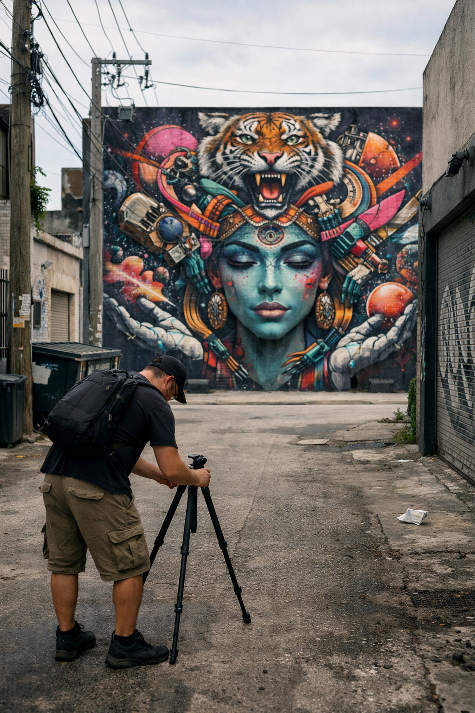 A photographer captures street art in a quiet Wynwood alleyway, a top Miami photo spot for unique shots.