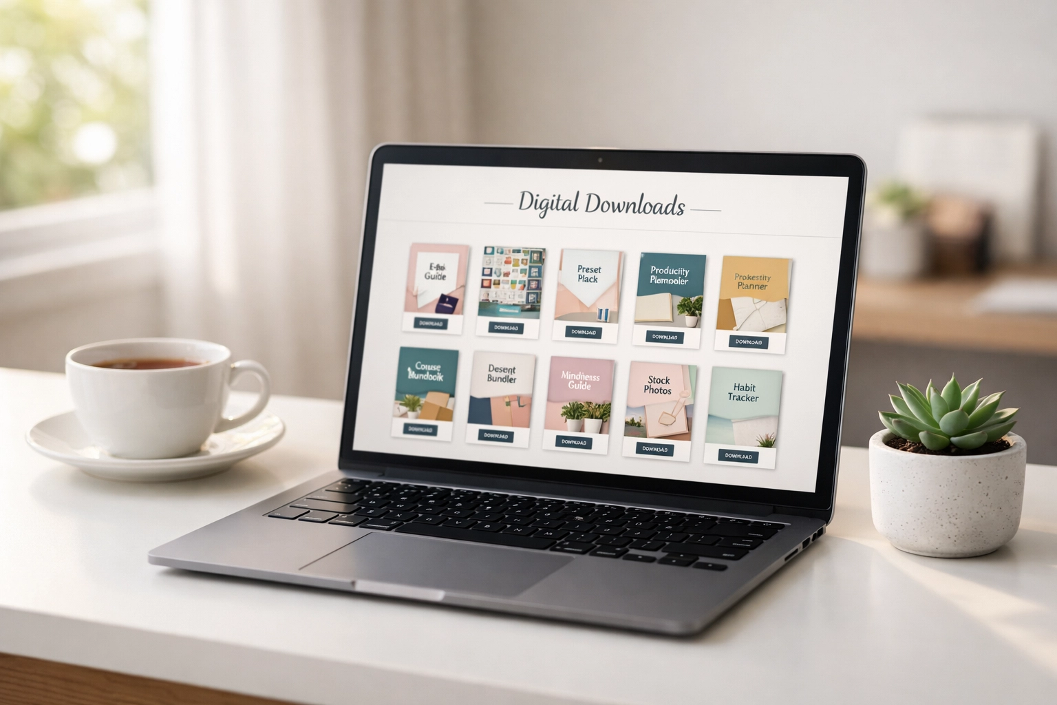 A modern laptop displaying an online store setup for selling digital products from a home office.