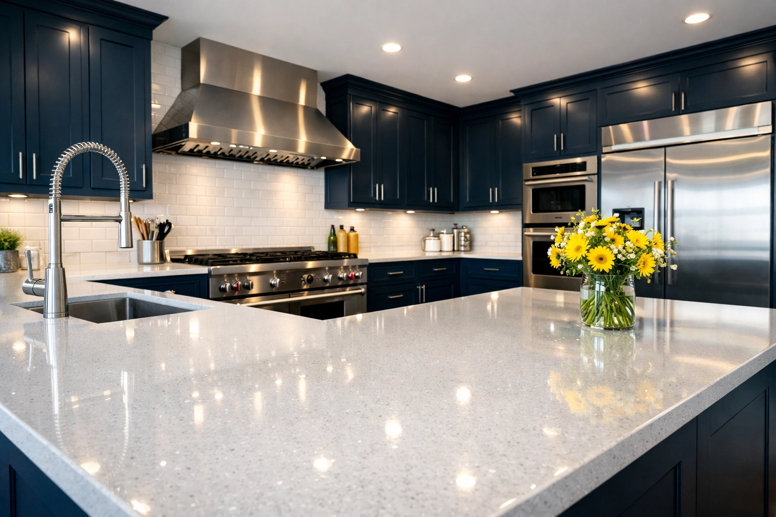 Professional deep cleaning MA results in a modern luxury kitchen with sparkling white quartz countertops.
