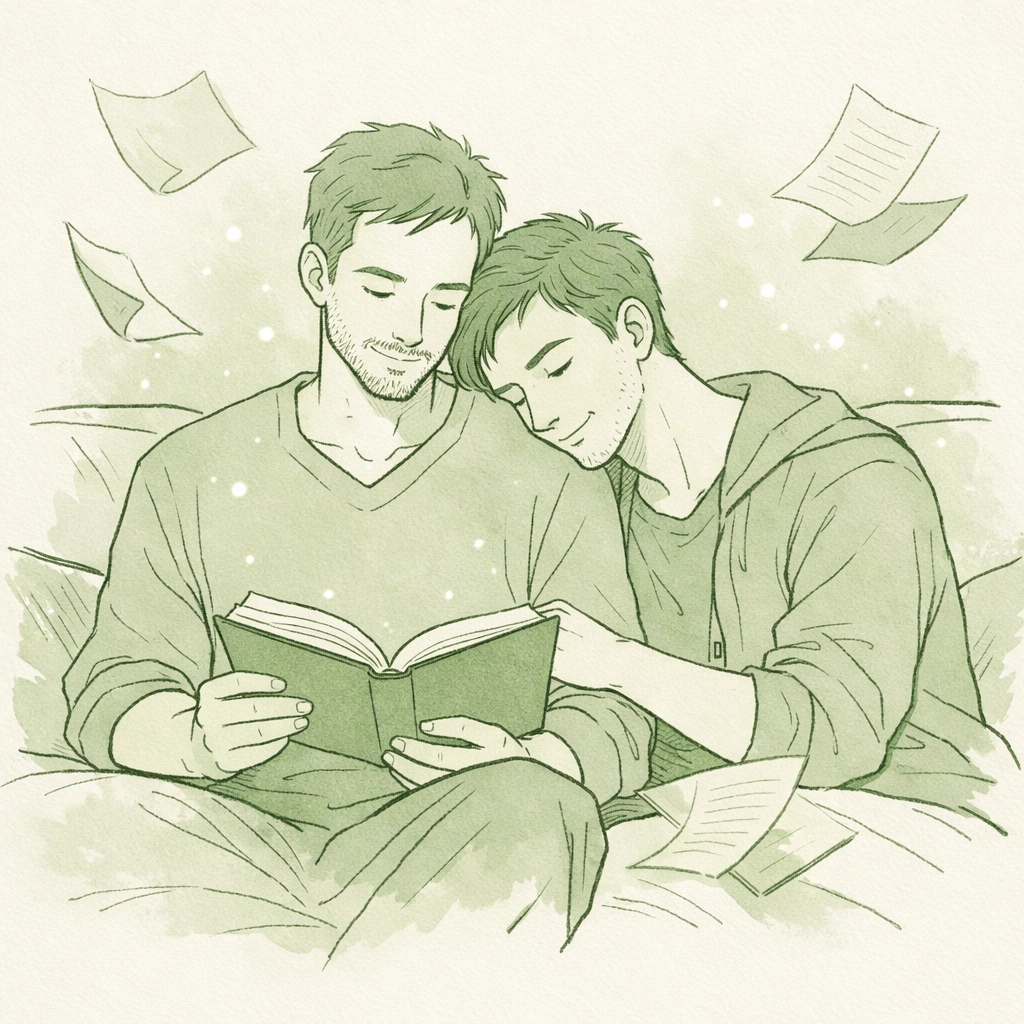 Two men reading together representing authentic bisexual representation in MM romance books