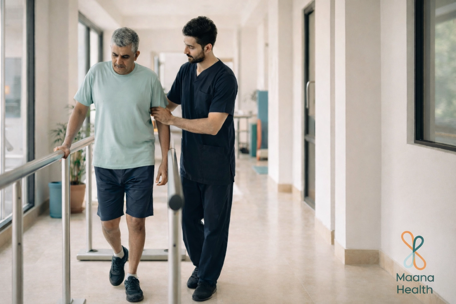A patient practices supported walking and balance training with a physiotherapist at Maana Health in Kozhikode.